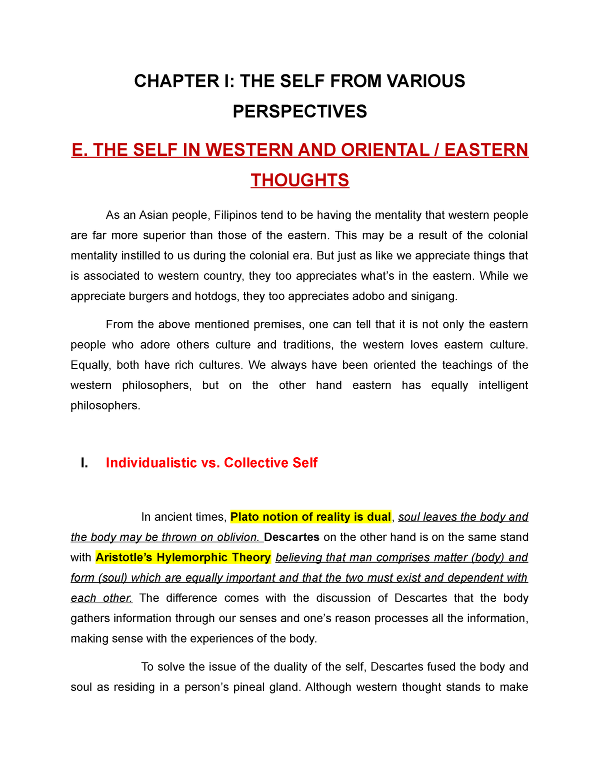 essay about the self in western and eastern thoughts