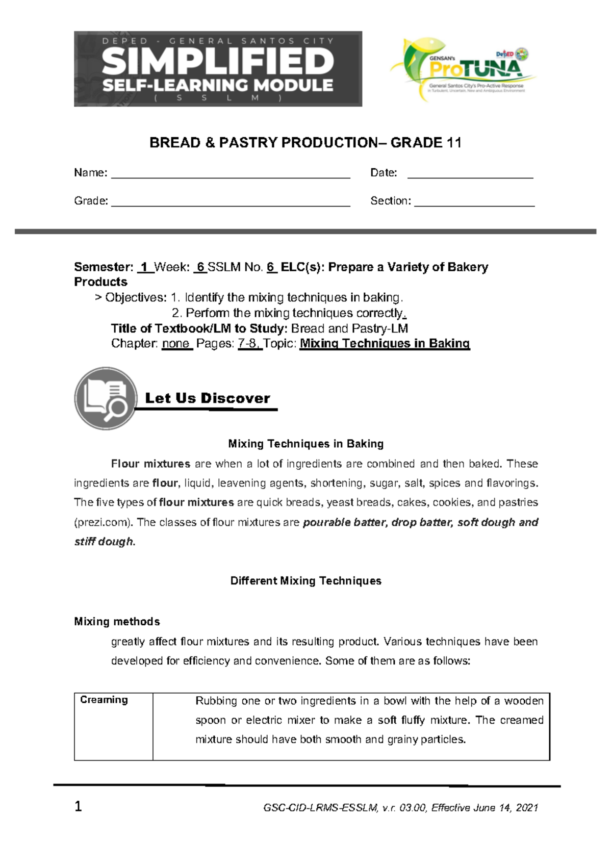 BPP11 SEM 1 SSLM 6 - notes - BREAD & PASTRY PRODUCTION– GRADE 11 Name ...