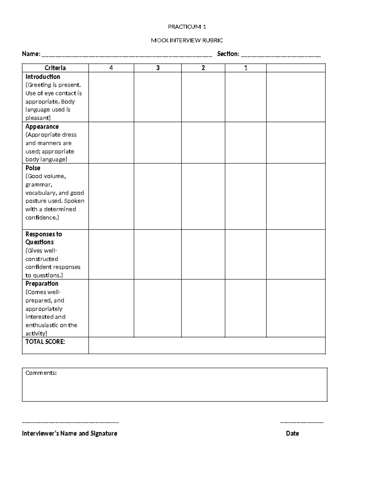 MOCK Interview Rubric - PRACTICUM 1 MOCK INTERVIEW RUBRIC Name: - Studocu