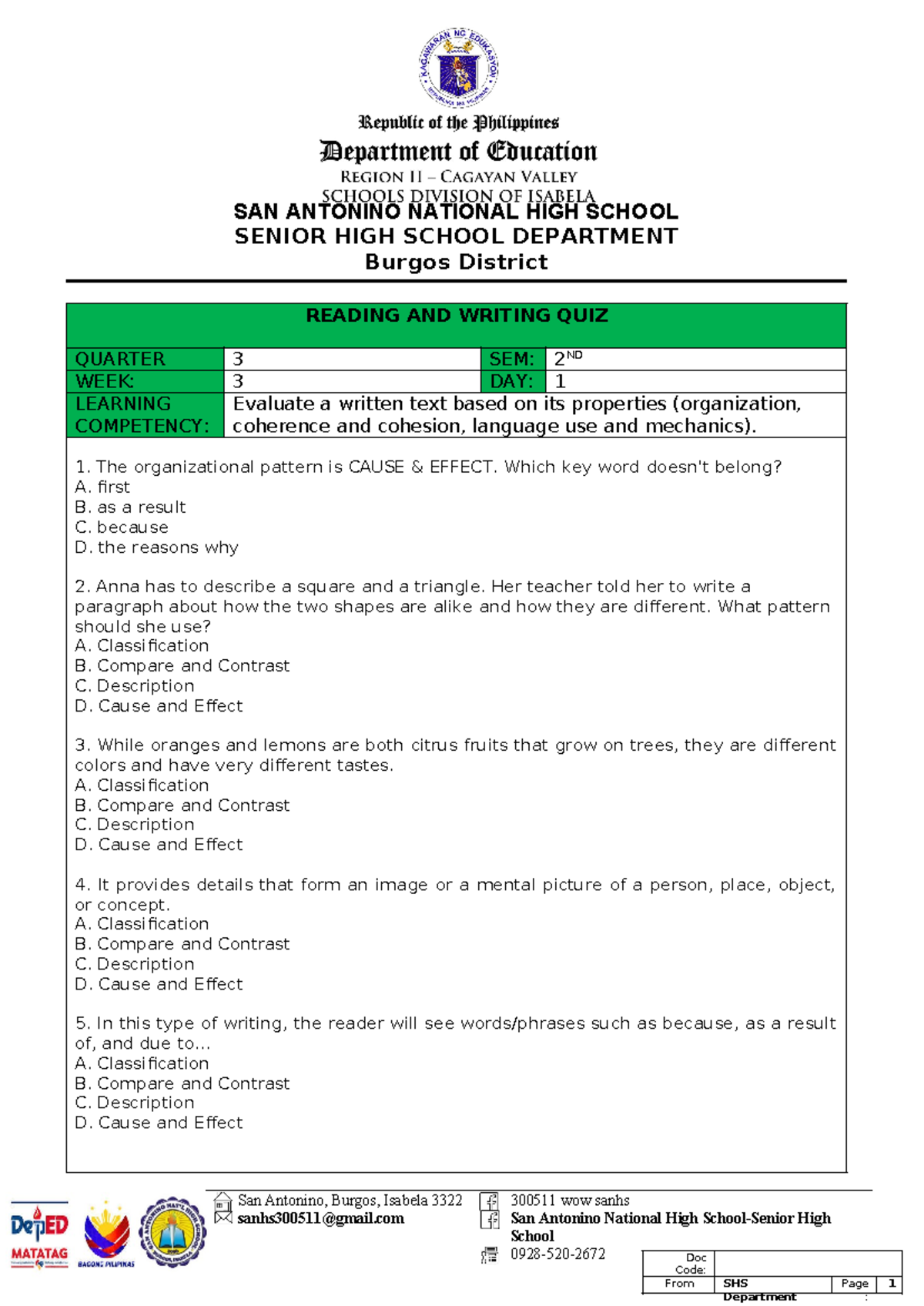 Quiz 3 - Contains practice tests in English - Doc Code: From SHS Page 1 ...