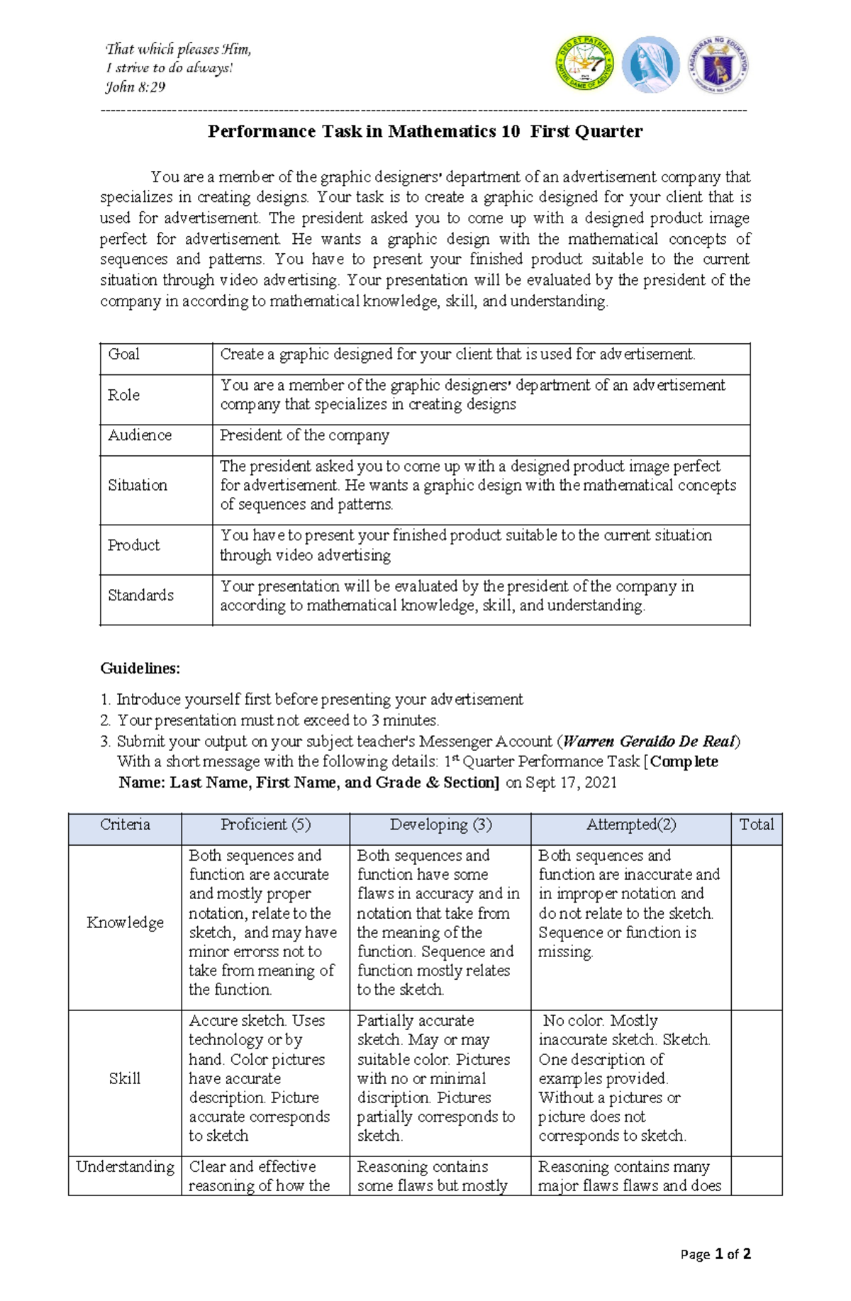 Mathematics Performance Task - Performance Task in Mathematics 10 First ...