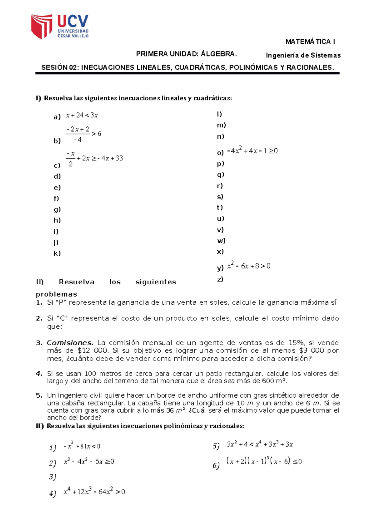 HT Inecuaciones - Matemática - PRIMERA UNIDAD: ÁLGEBRA. SESIÓN 02 ...