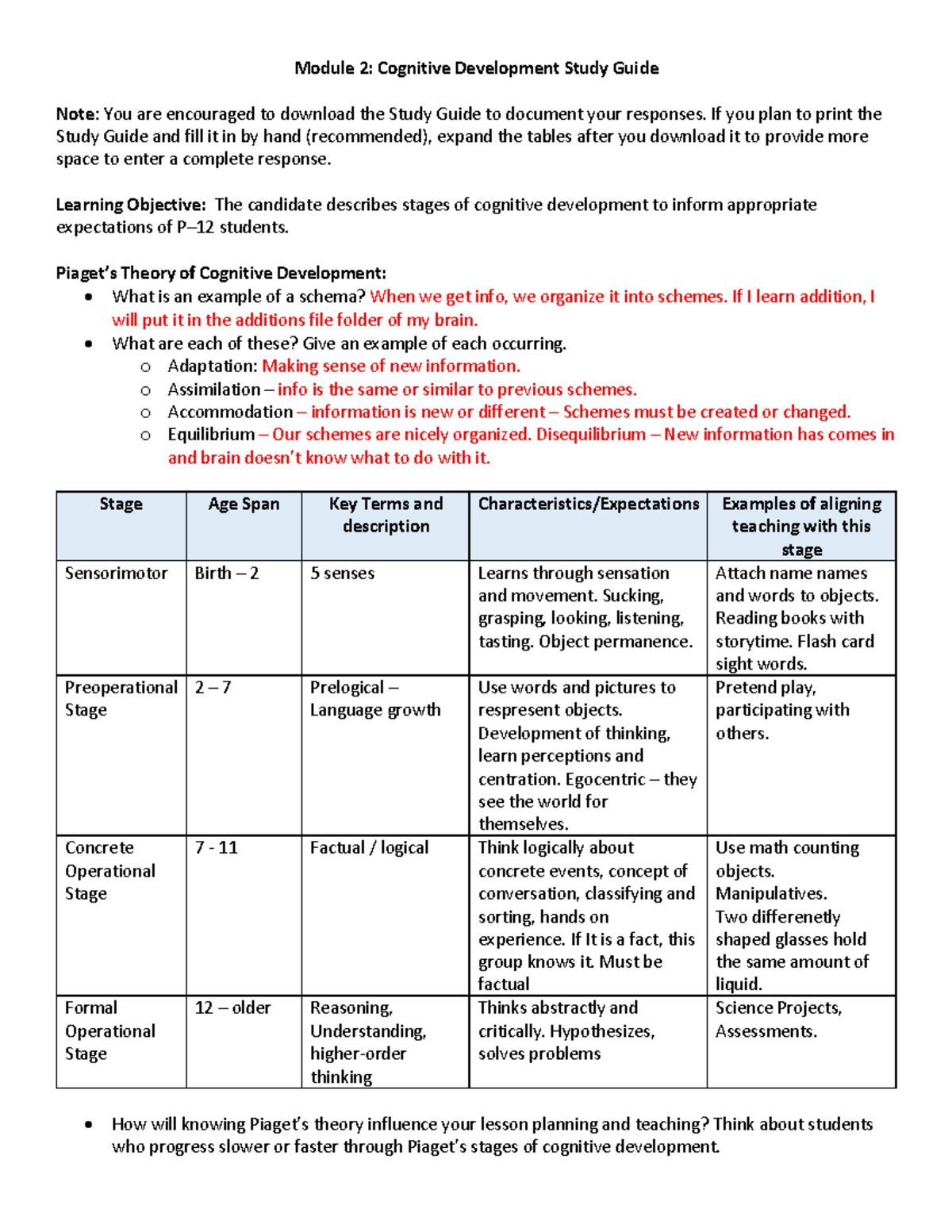 D307 M2 Study Guide - Module 2 : Cognitive Development Study Guide Note ...