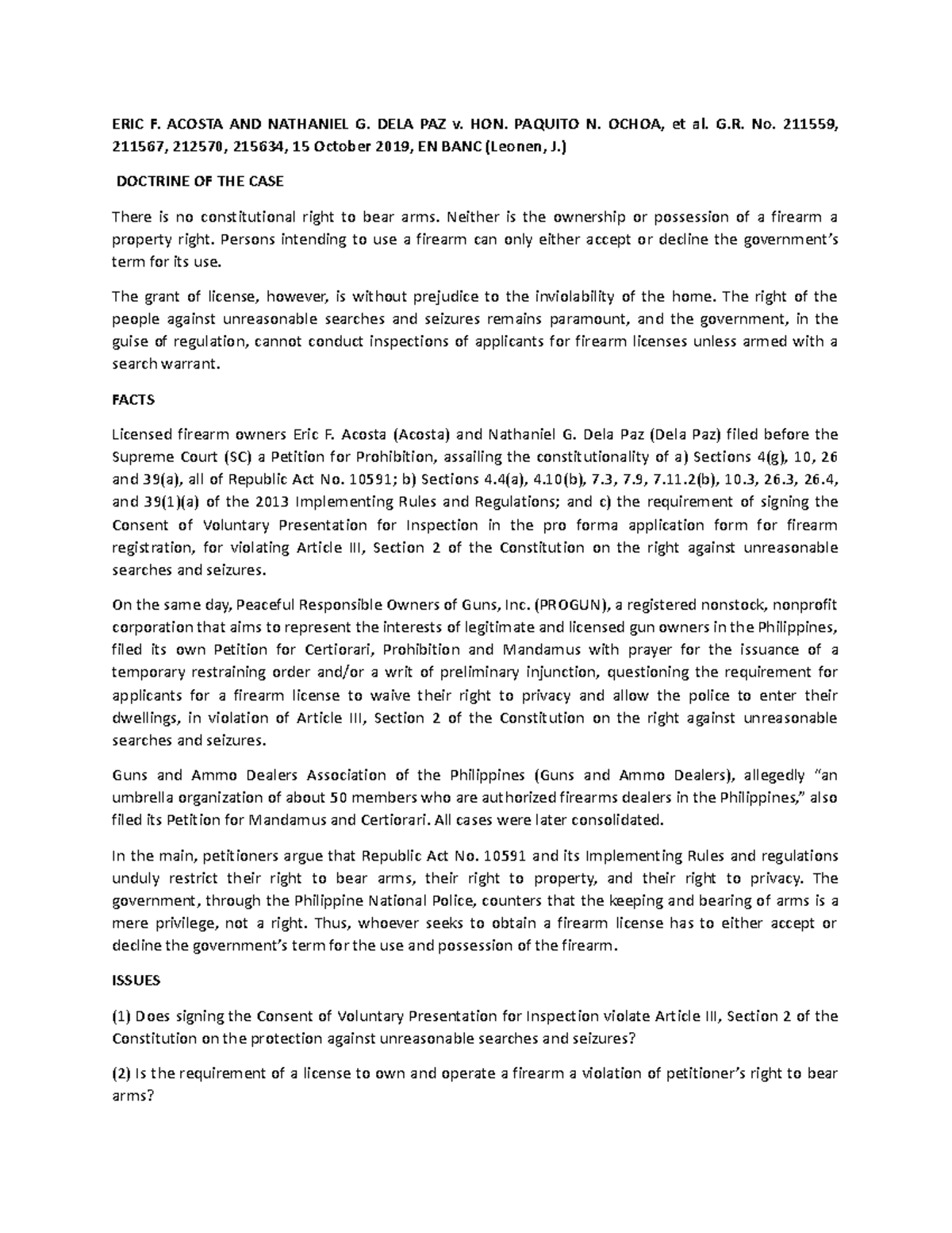 Acosta vs Ochoa Case Digest ERIC F. ACOSTA AND NATHANIEL G. DELA