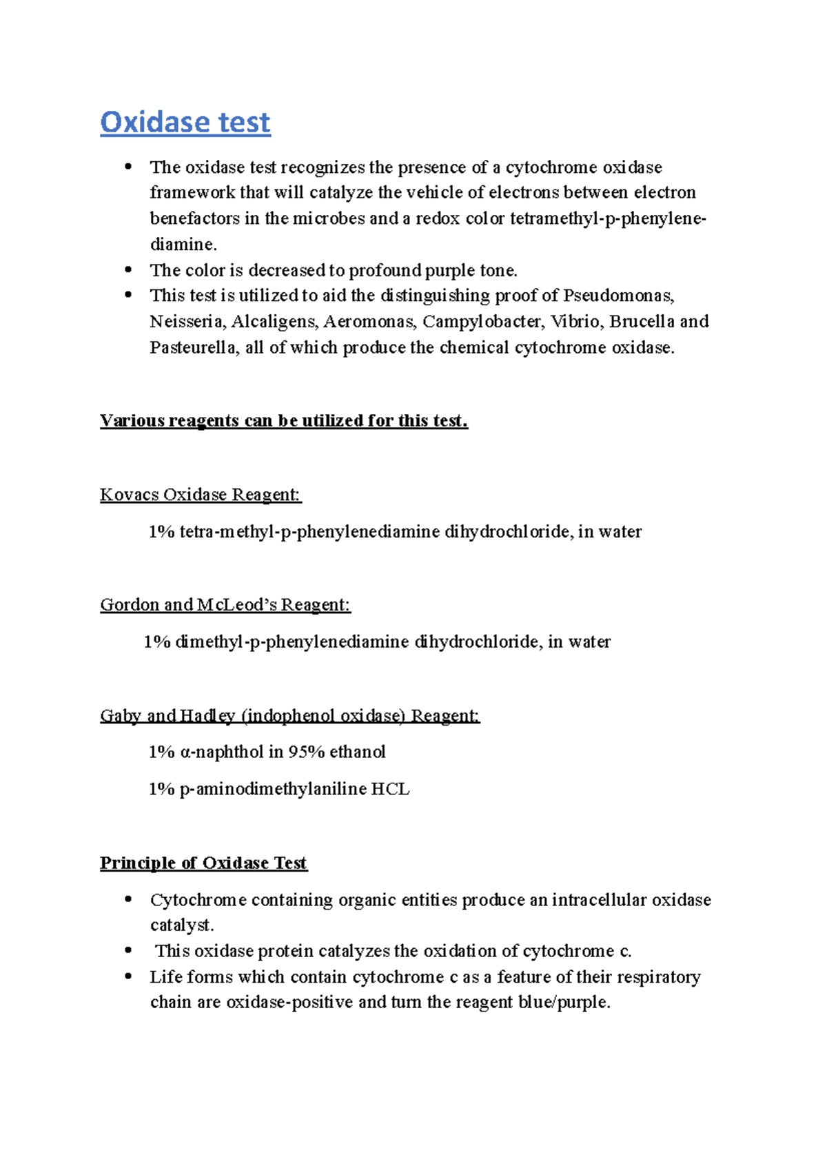 Oxidase test It is useful lecture notes Oxidase test The oxidase