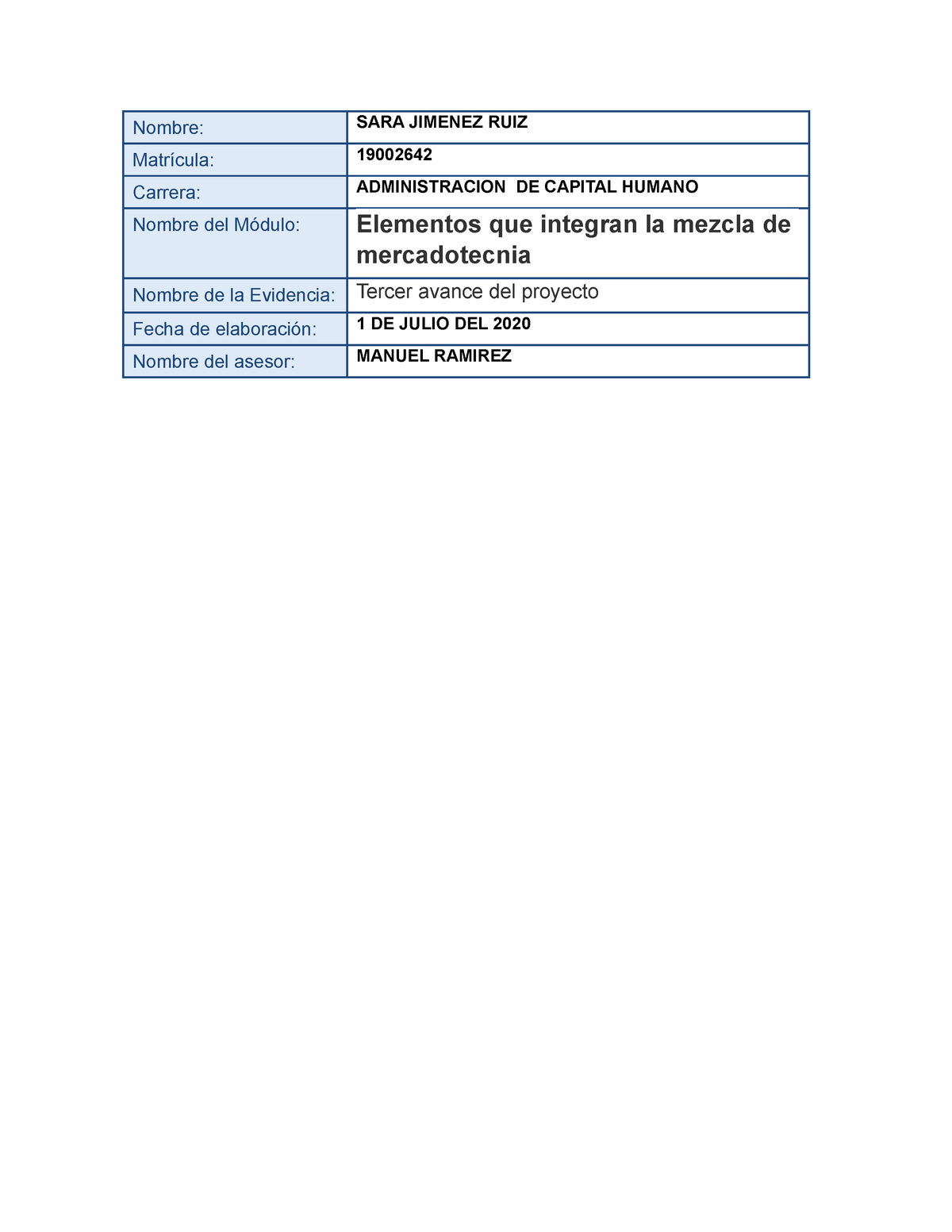 Jimenez Sara Tercer Avance Nombre Sara Jimenez Ruiz Matr Cula Carrera Administracion De Capital Humano Nombre Del Dulo Elementos Que Integran La Mezcla Studocu