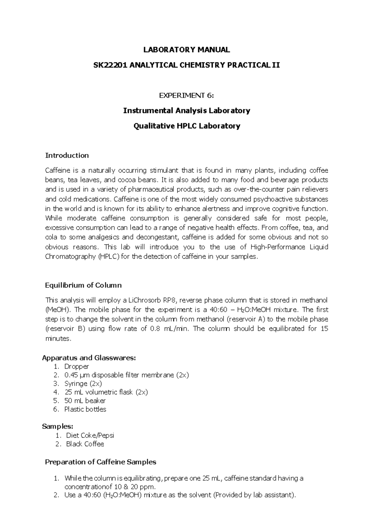 EXP 6 HPLC LABORATORY MANUAL SK22201 ANALYTICAL CHEMISTRY PRACTICAL