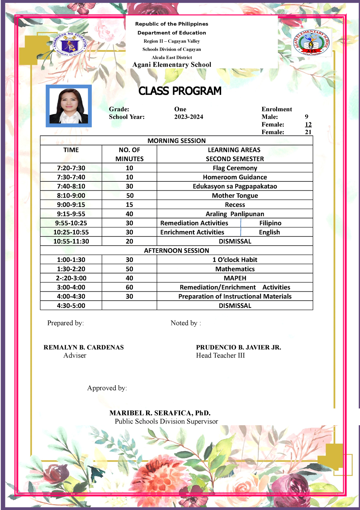 Class program 20232024 CLASS PROGRAM Grade One Enrolment School