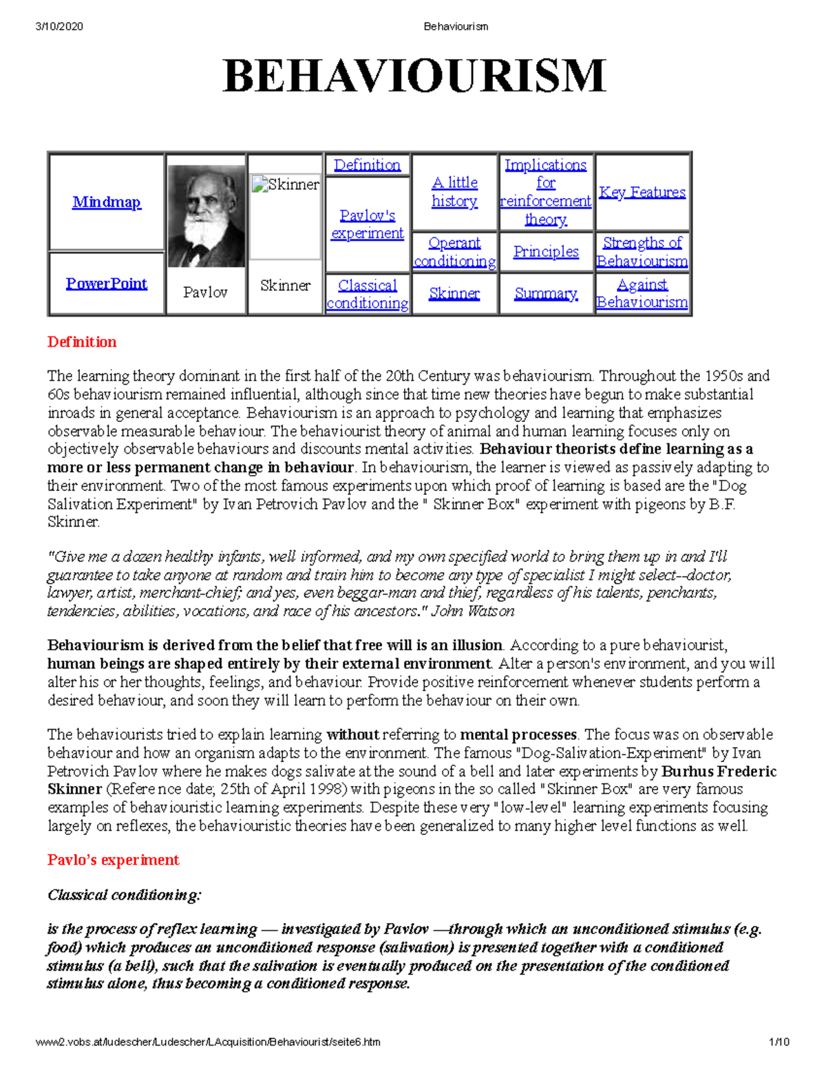 Behaviourism Lecture notes 1 BEHAVIOURISM Mindmap Pavlov Skinner