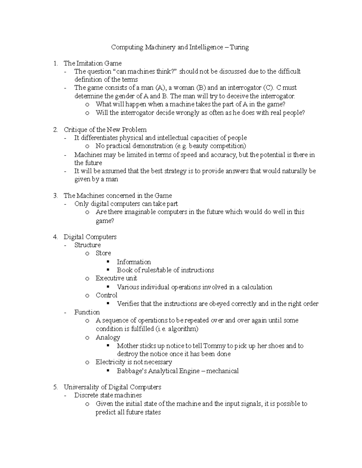 Turing Computing Machinery and Intelligence Computing Machinery and
