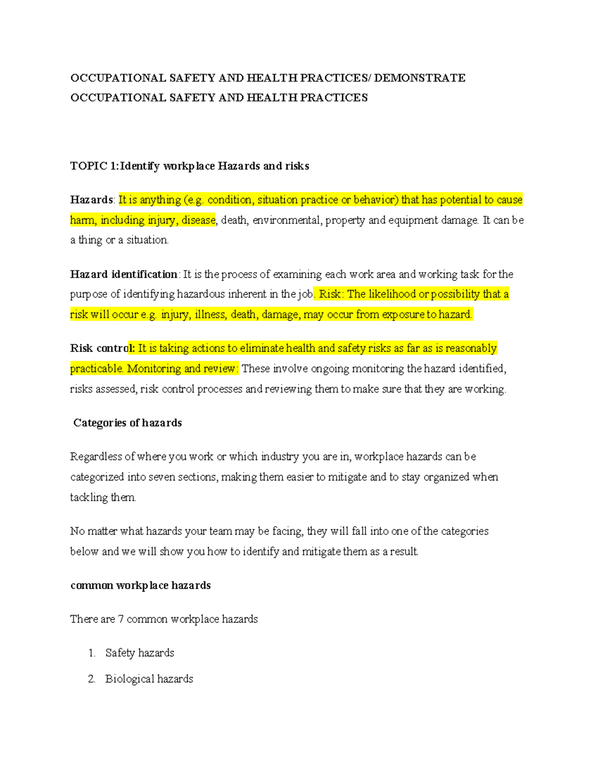 Oshap Notes - OCCUPATIONAL SAFETY AND HEALTH PRACTICES/ DEMONSTRATE ...