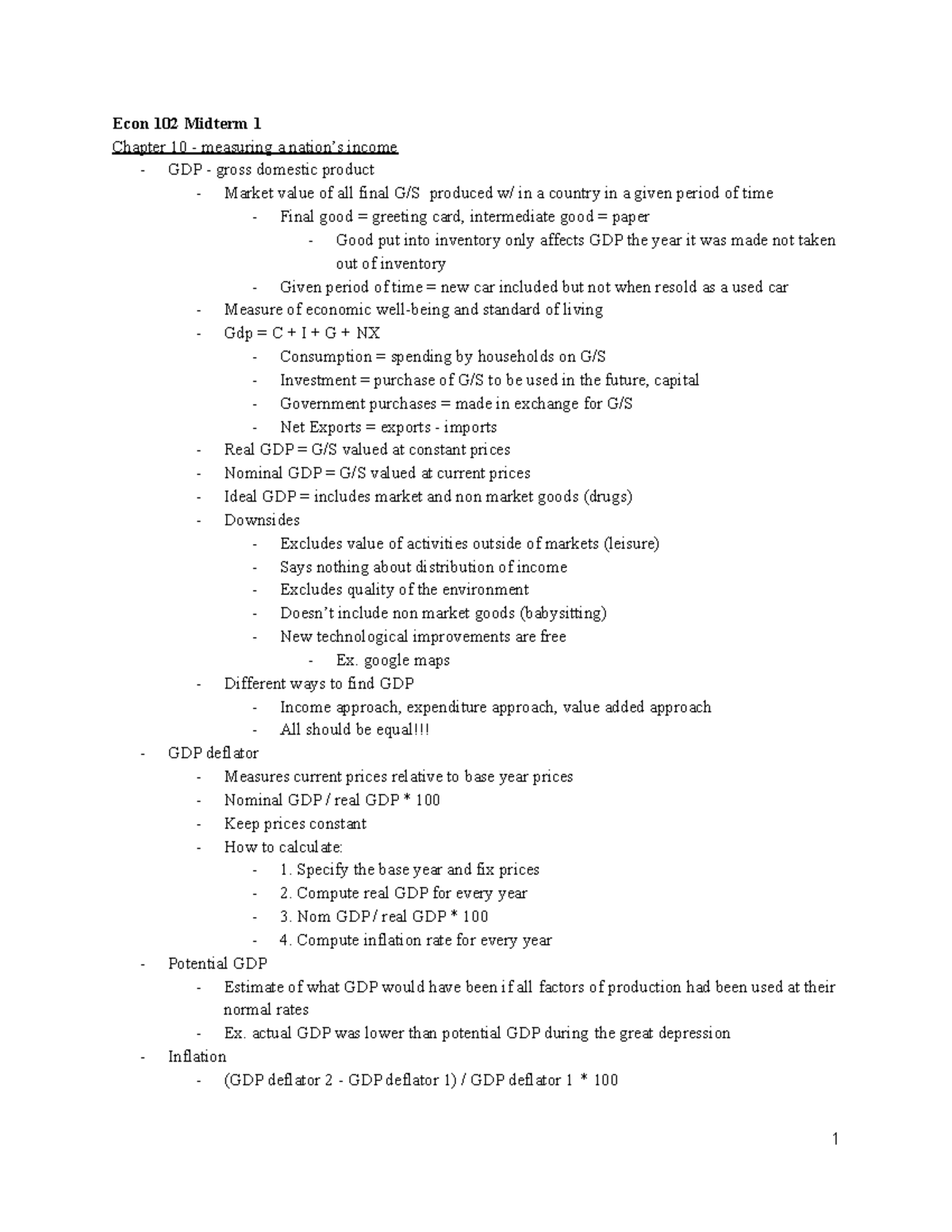 Econ 102 Midterm 1 - Econ 102 Midterm 1 Chapter 10 - Measuring A Nation ...