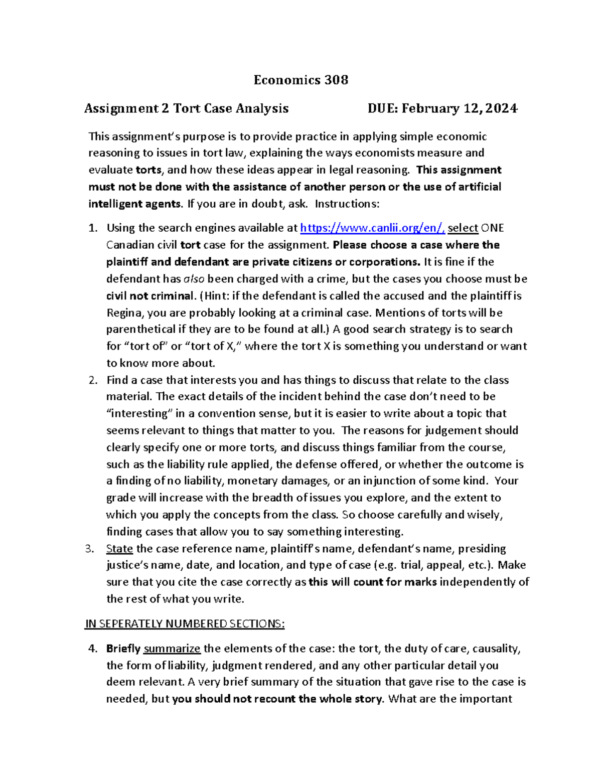 308 Assignment 2 202401 - Economics 308 Assignment 2 Tort Case Analysis ...