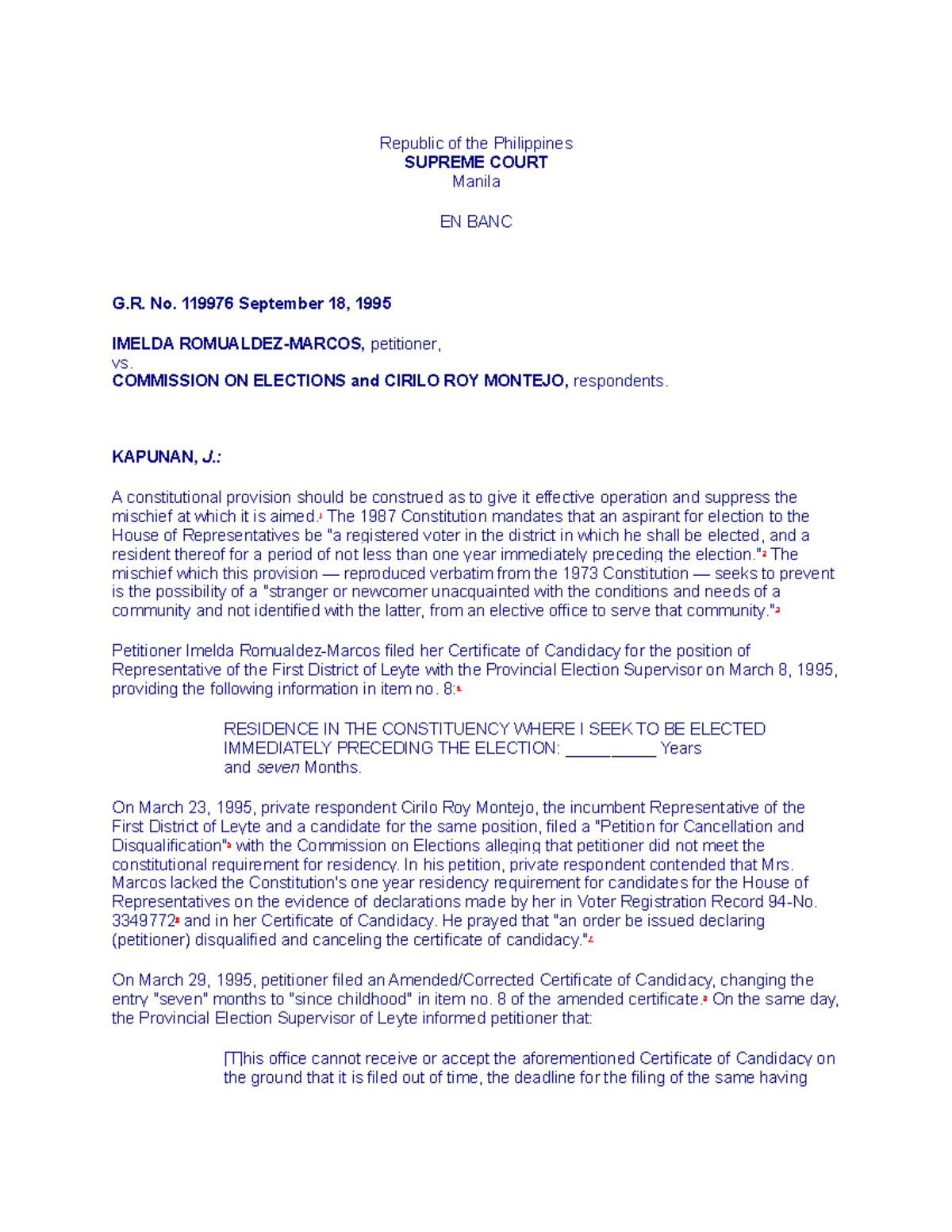 Romualdez-Marcos vs. Comelec, 64 SCAD 358; 248 SCRA 300 - Republic of ...