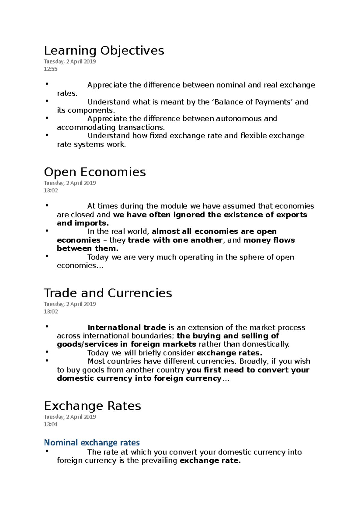L9 BOP and Exchange Rates - Learning Objectives Tuesday, 2 April 2019 ...