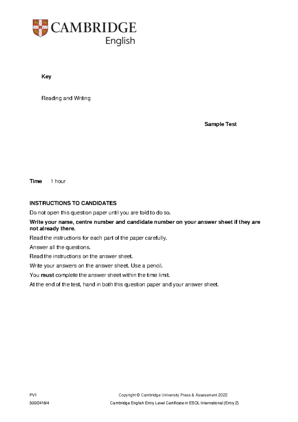 A2 Key 2022 sample tests Reading and Writing - QP - Key Reading and ...