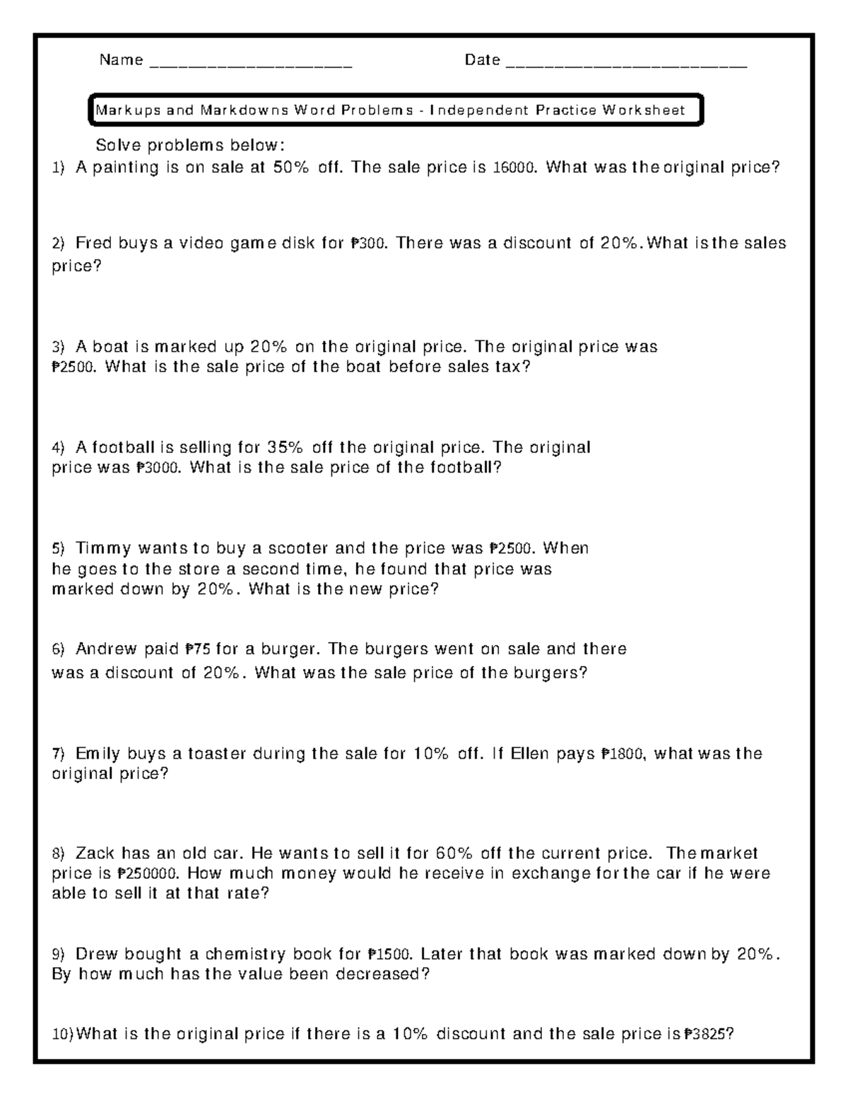 Mark Up and Markdown Activity - Name _____________________ Date
