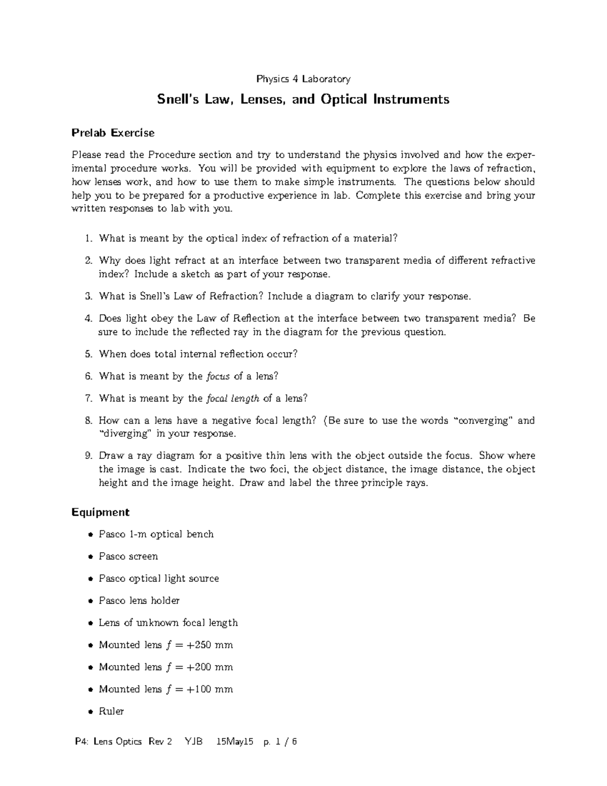Snells Law Experiment Physics 4 Laboratory Snell’s Law, Lenses, and
