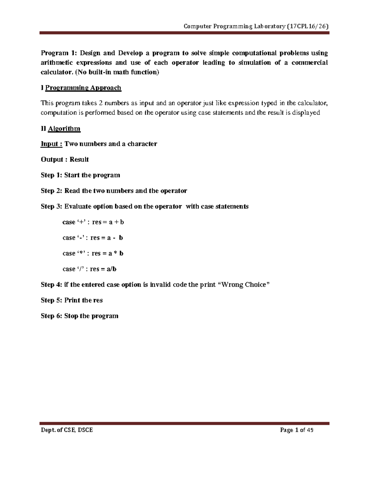 Program List - Program 1: Design and Develop a program to solve simple ...
