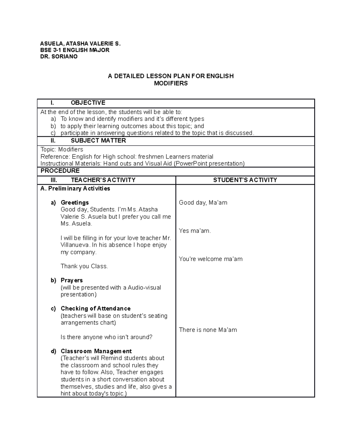 Lesson Plan For Adjectives - Asuela, Atasha Valerie S. Bse 3-1 English 