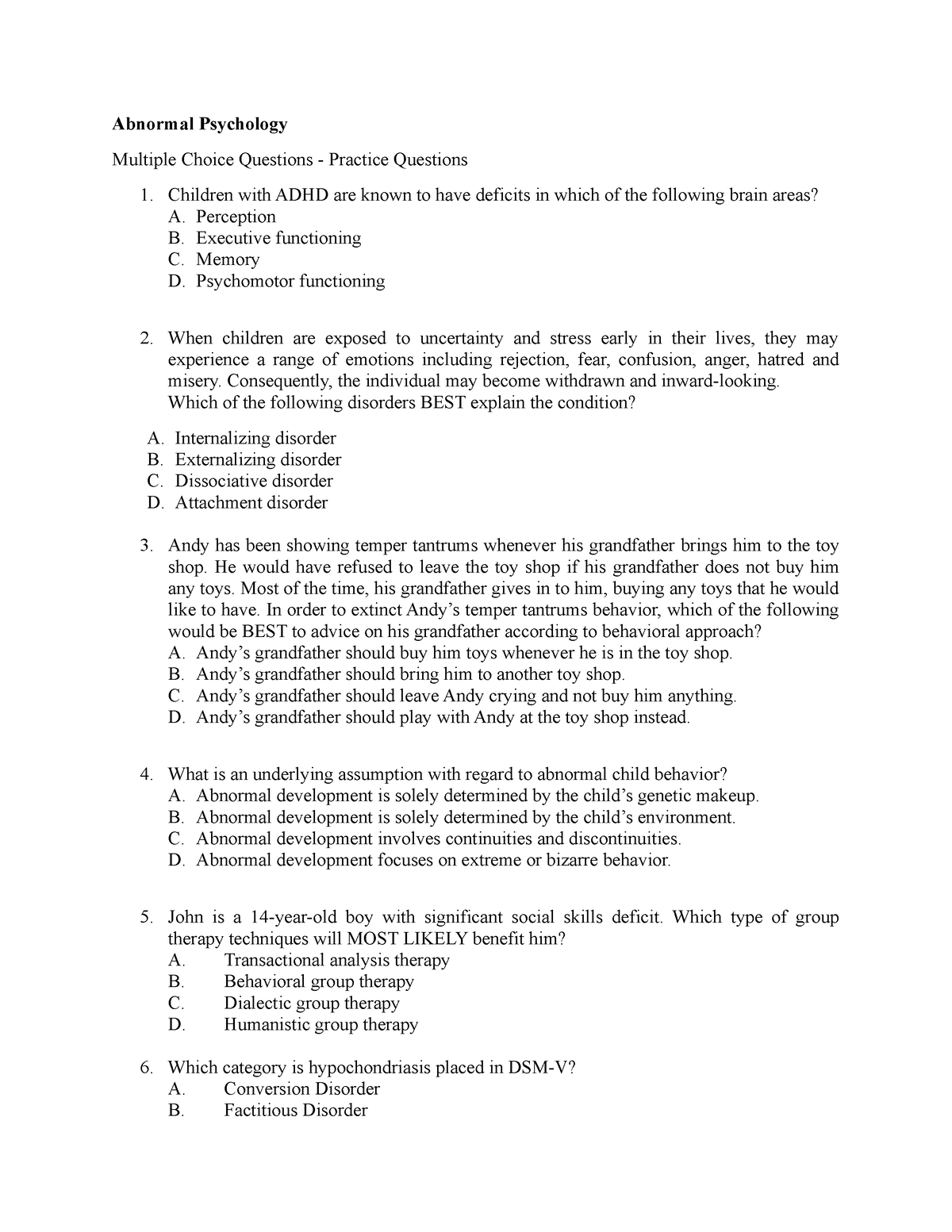 essay questions for abnormal psychology