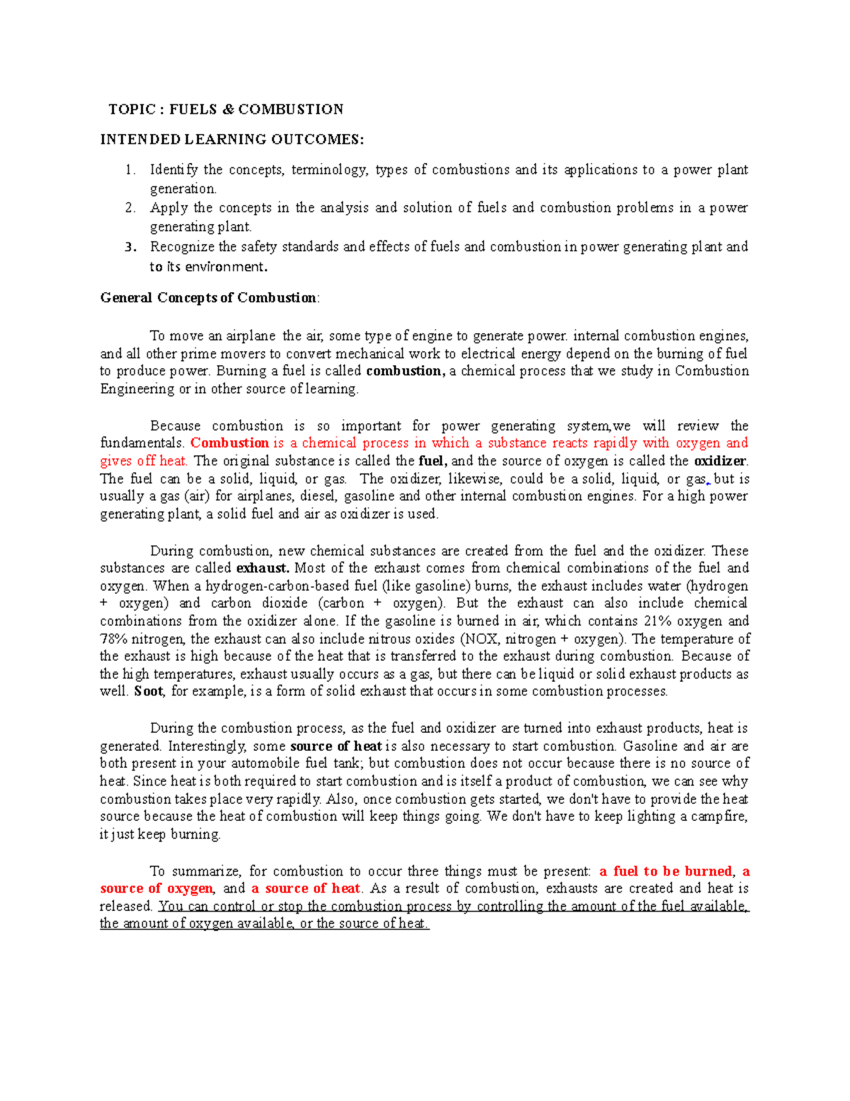 Lesson Notes on Fuels Combustion TOPIC FUELS & COMBUSTION INTENDED