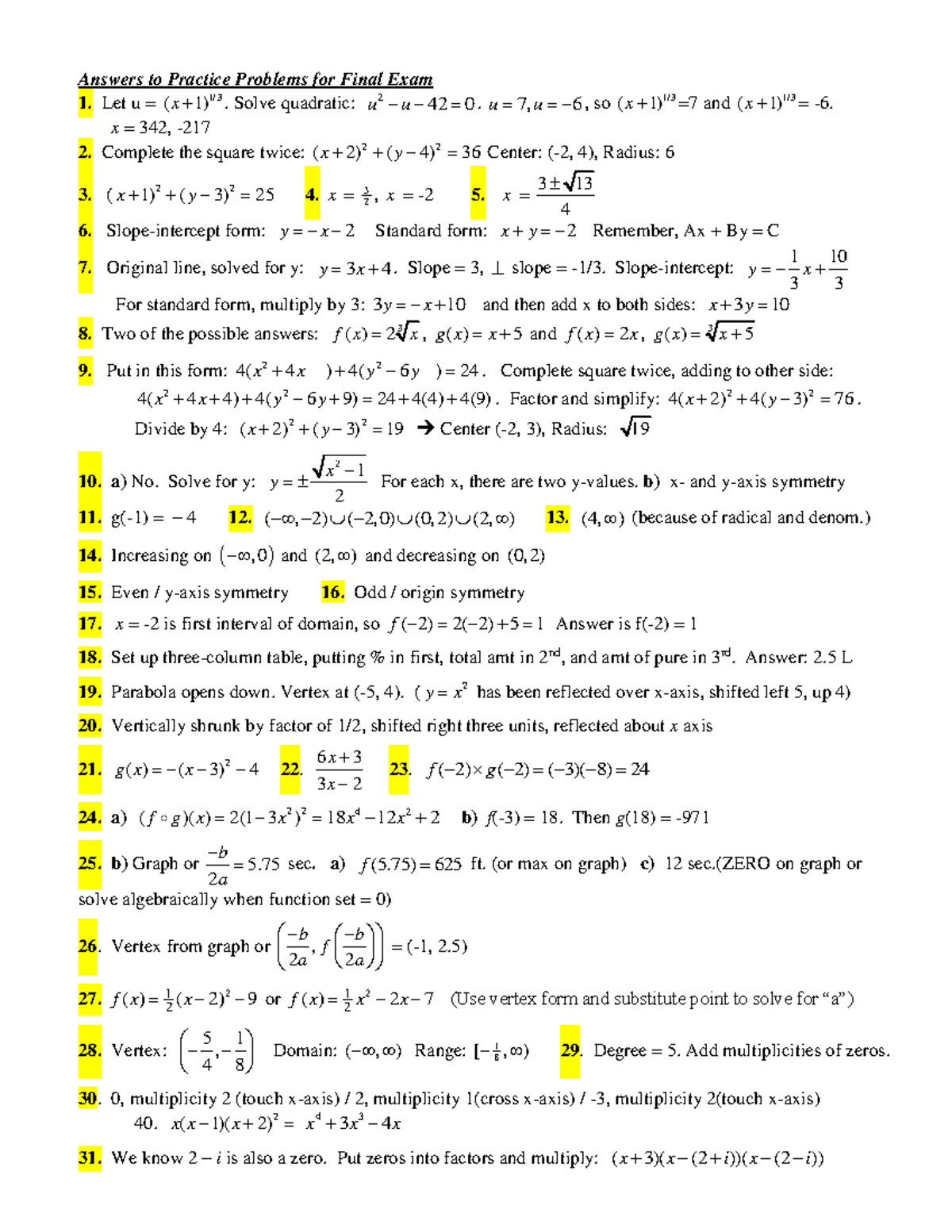 Final Exam Practice Answers FA19 - Answers To Practice Problems For ...