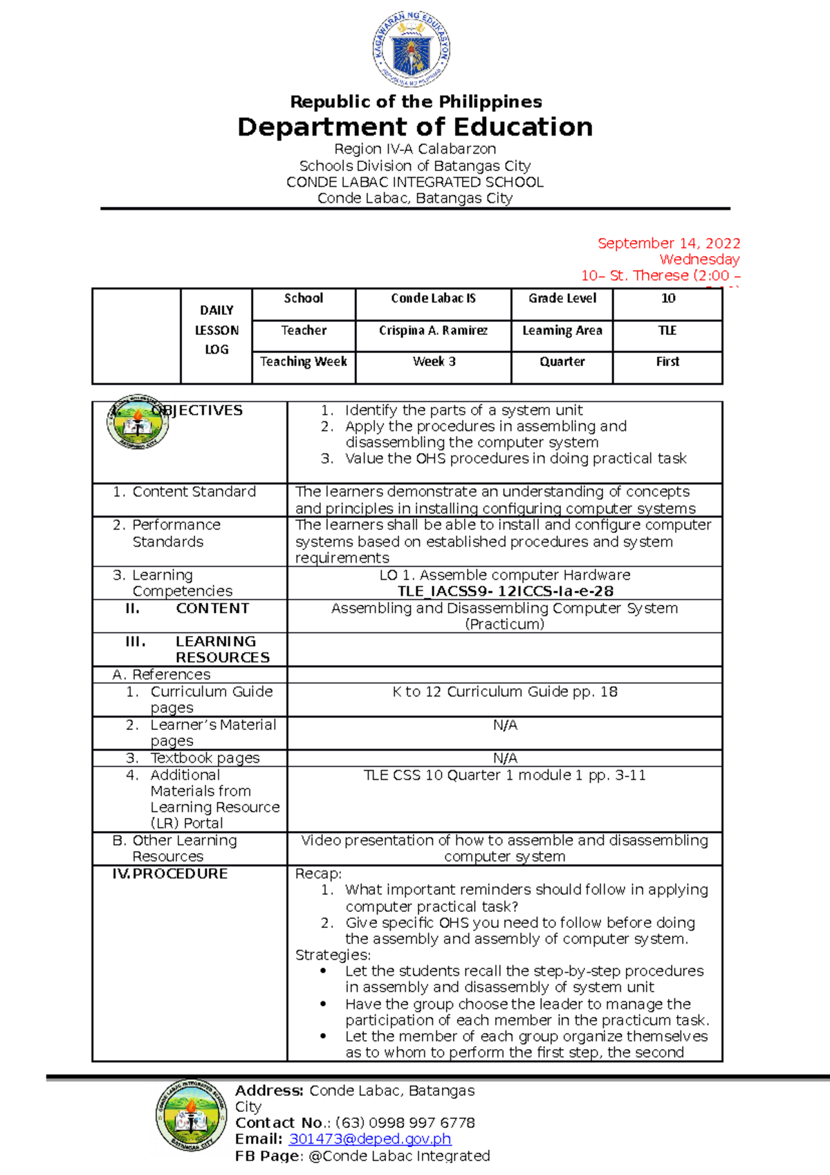 DLL - Tle 10 practicum - sample dll - Republic of the Philippines ...
