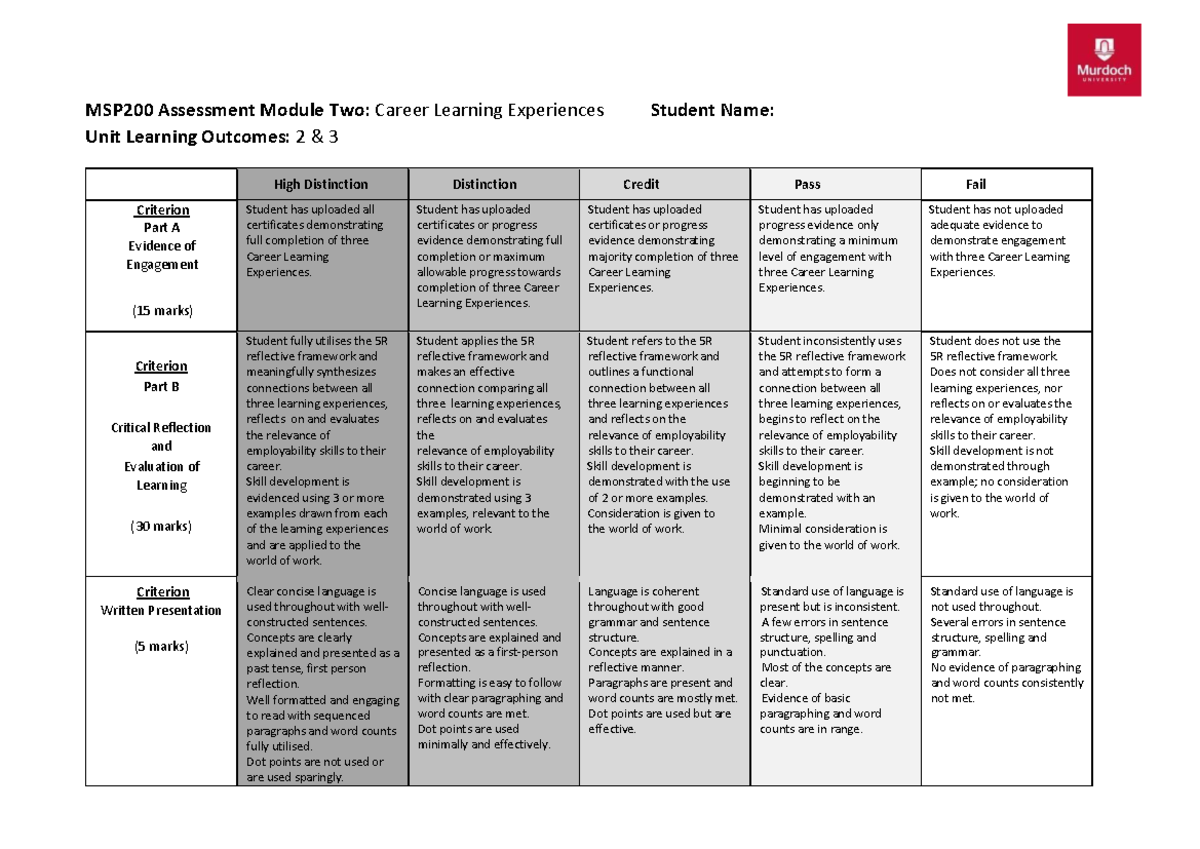 MSP200 Assessment Module Two Rubric - MSP200 Assessment Module Two ...