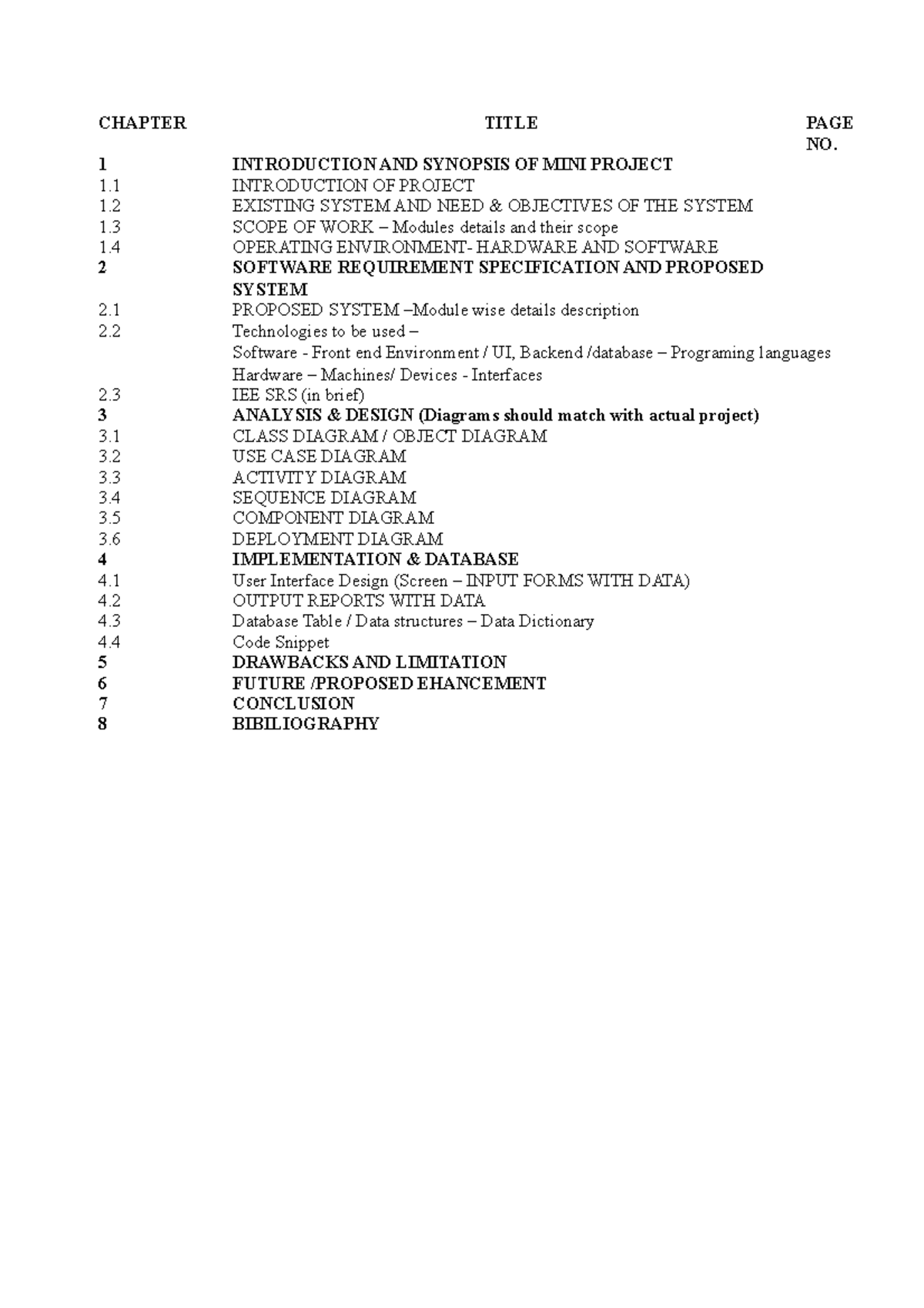 Project - CHAPTER TITLE PAGE NO. 1 INTRODUCTION AND SYNOPSIS OF MINI ...
