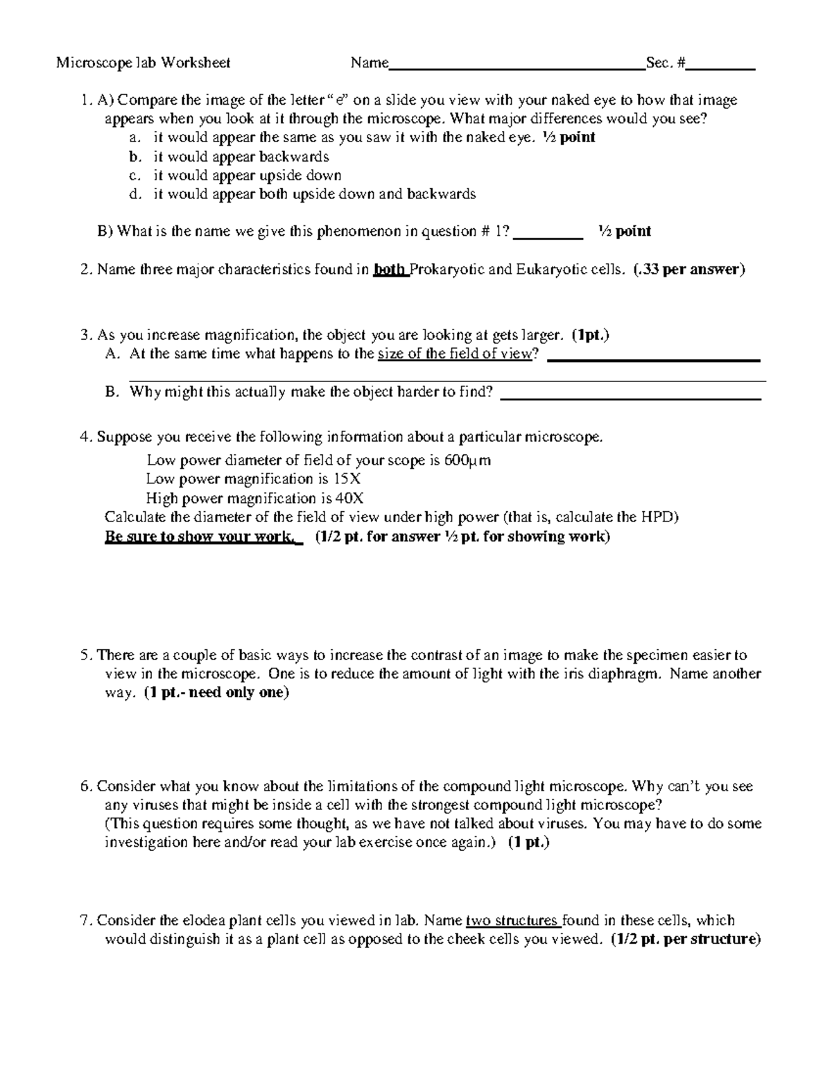 Worksheet for Microscope lab Spr 18 - Microscope lab Worksheet Name Sec ...