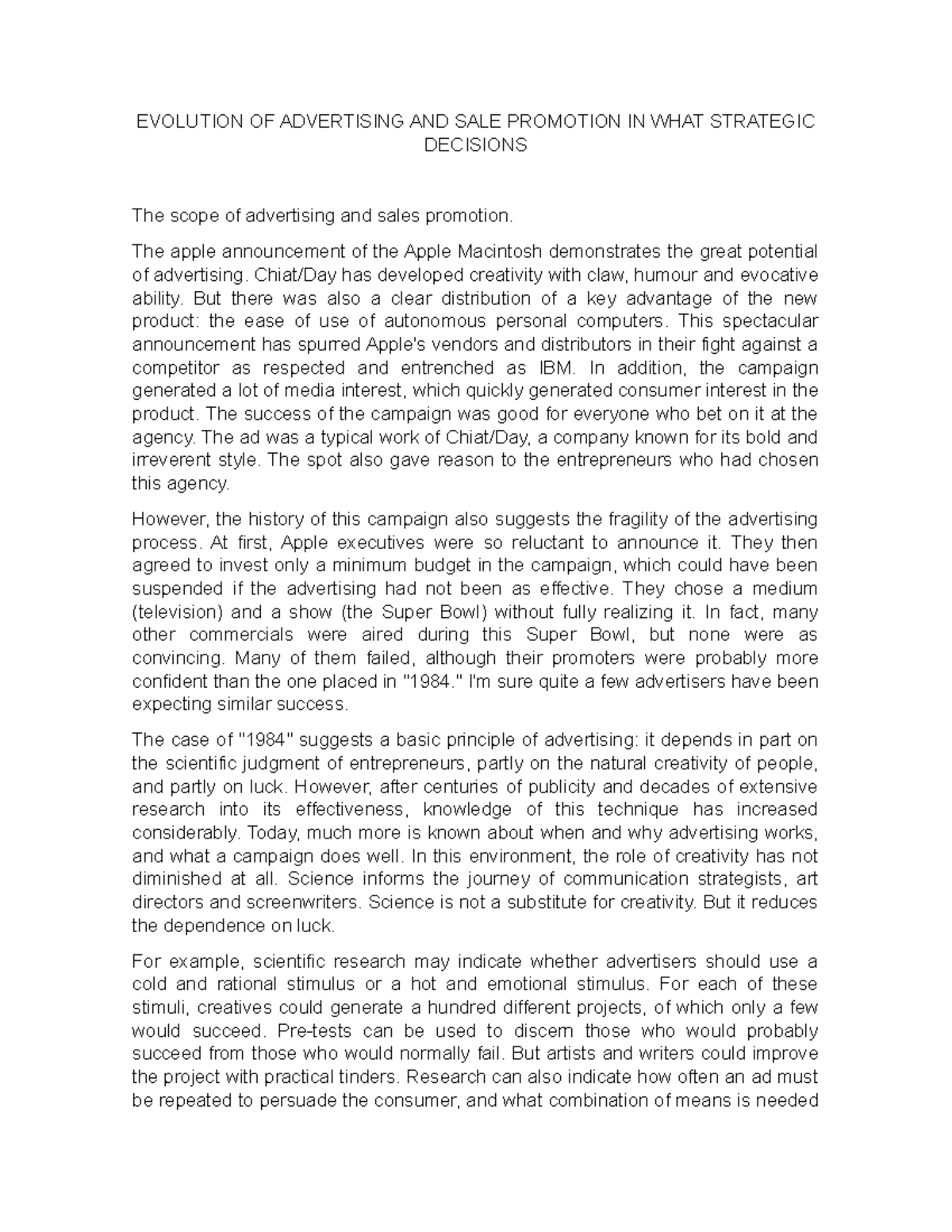 Evolution OF Advertising AND SALE Promotion IN WHAT Strategic Decisions ...