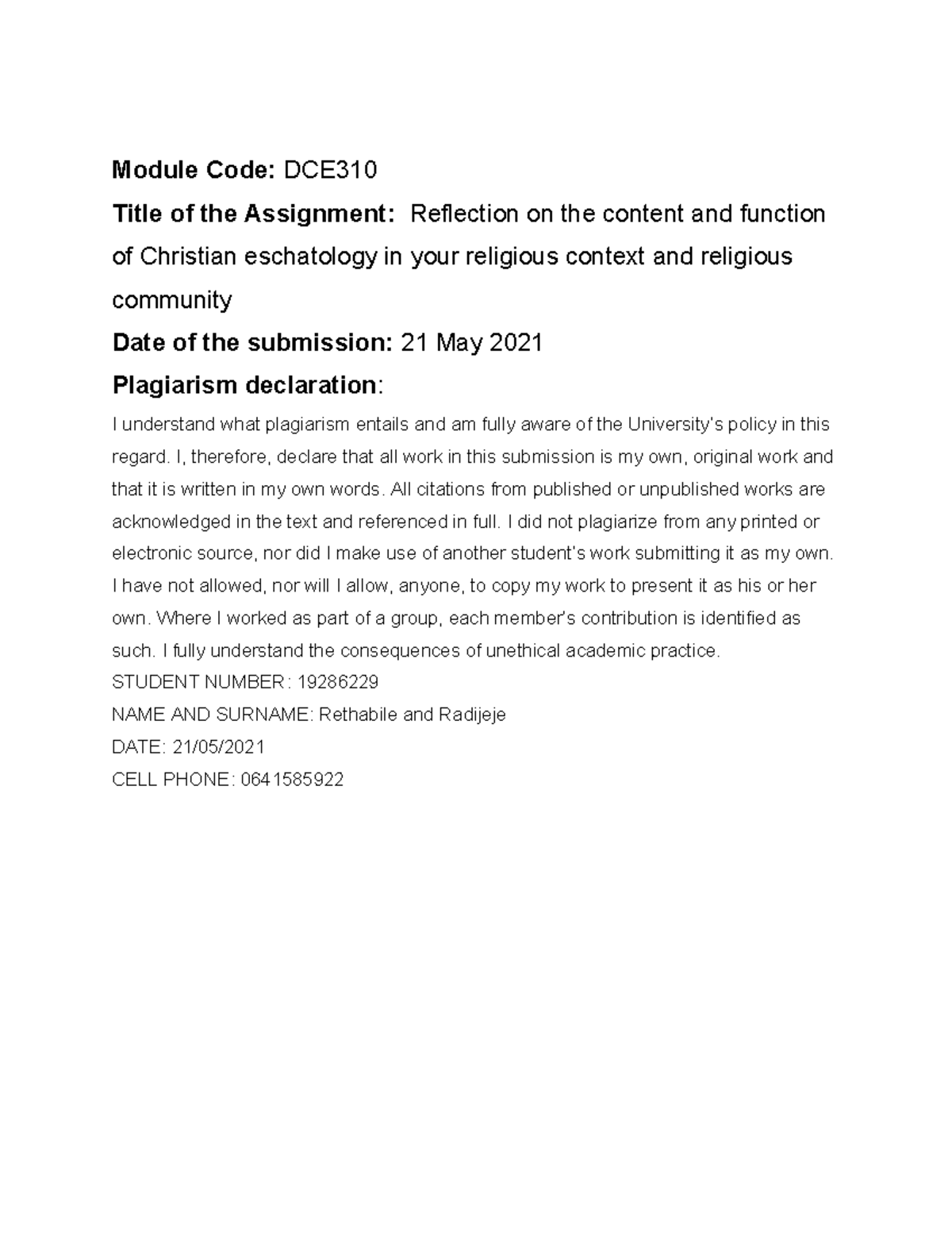 DCE Eschatology assignment - Module Code: DCE Title of the Assignment ...
