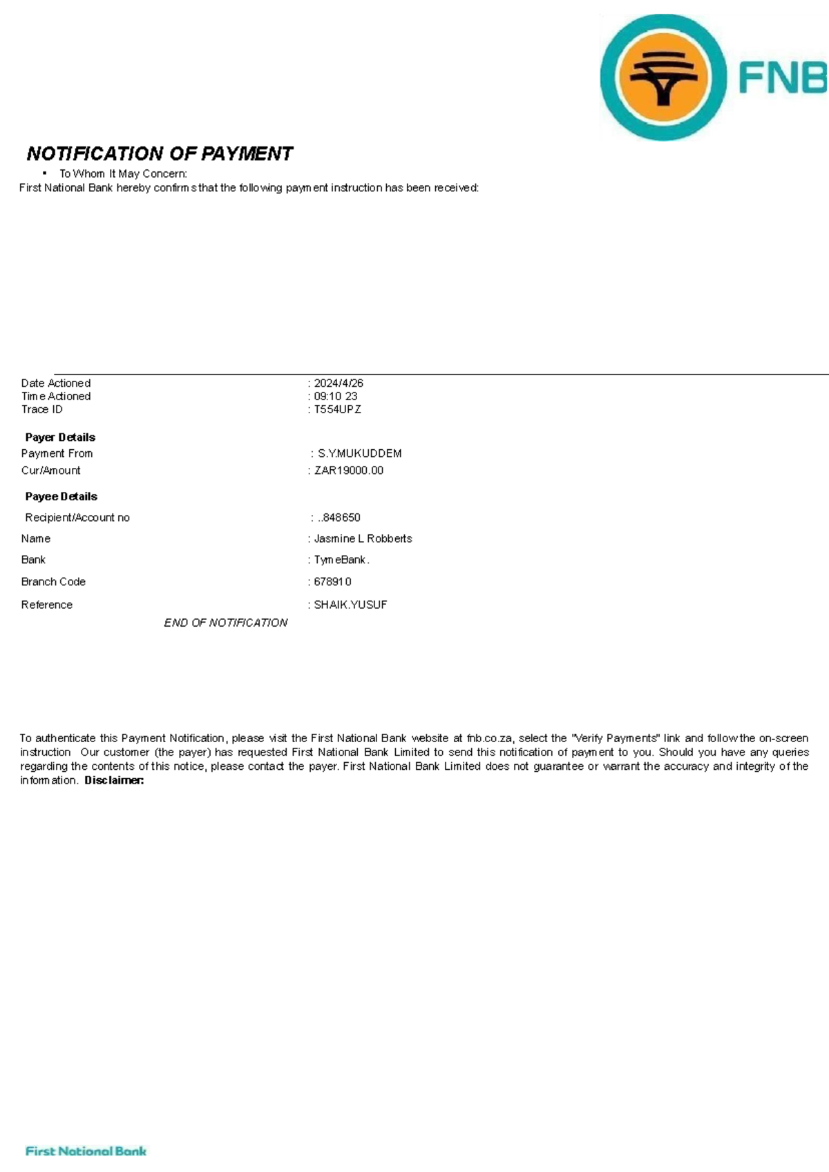 FNB payment notification - NOTIFICATION OF PAYMENT • To Whom It May ...