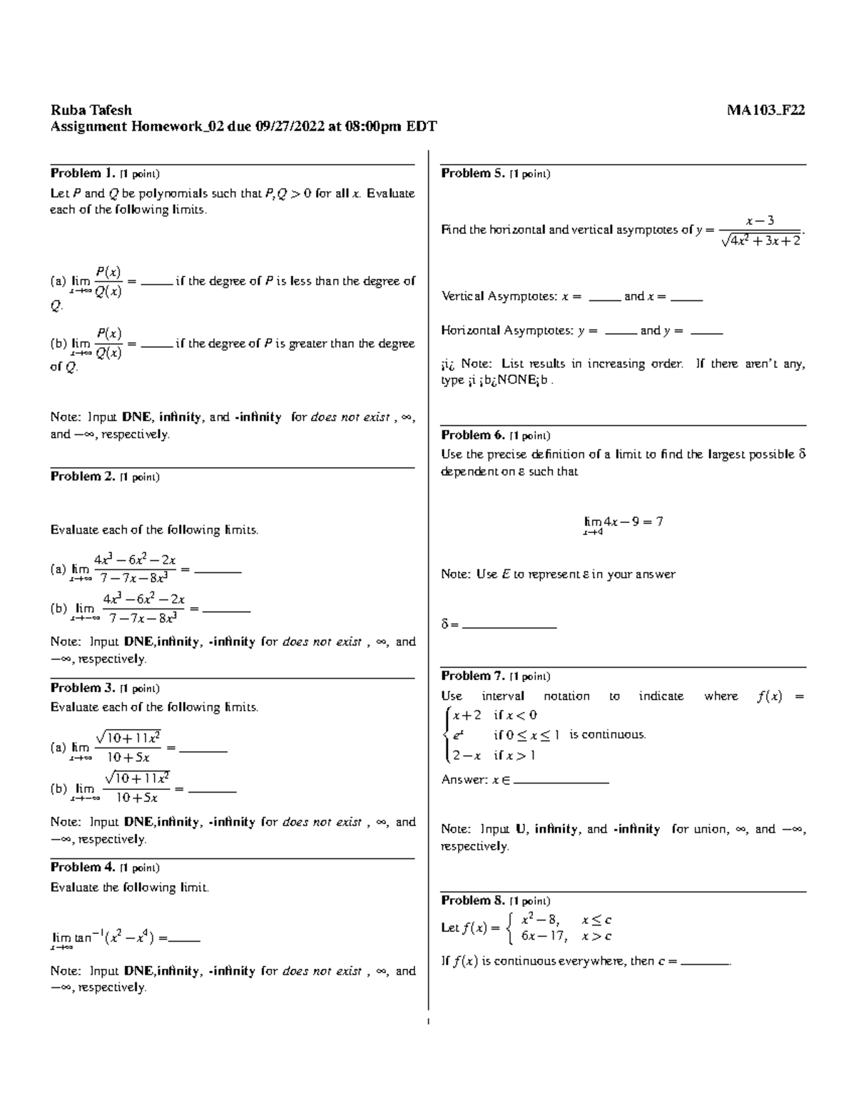 MA103 F22.tafe8053.Homework 02 - Ruba Tafesh MA103 F Assignment ...