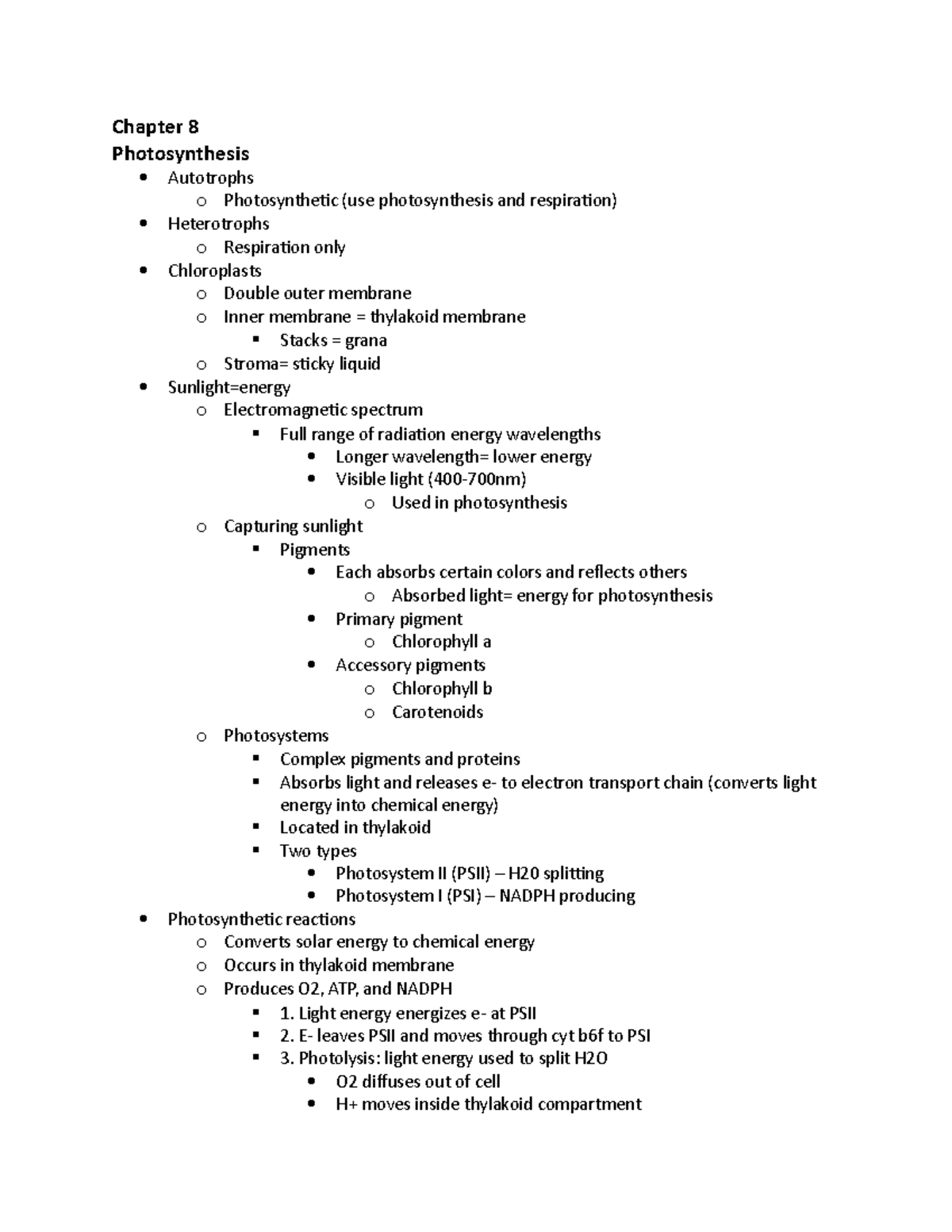 Bio exam 3 lecture notes - Chapter 8 Photosynthesis Autotrophs o ...
