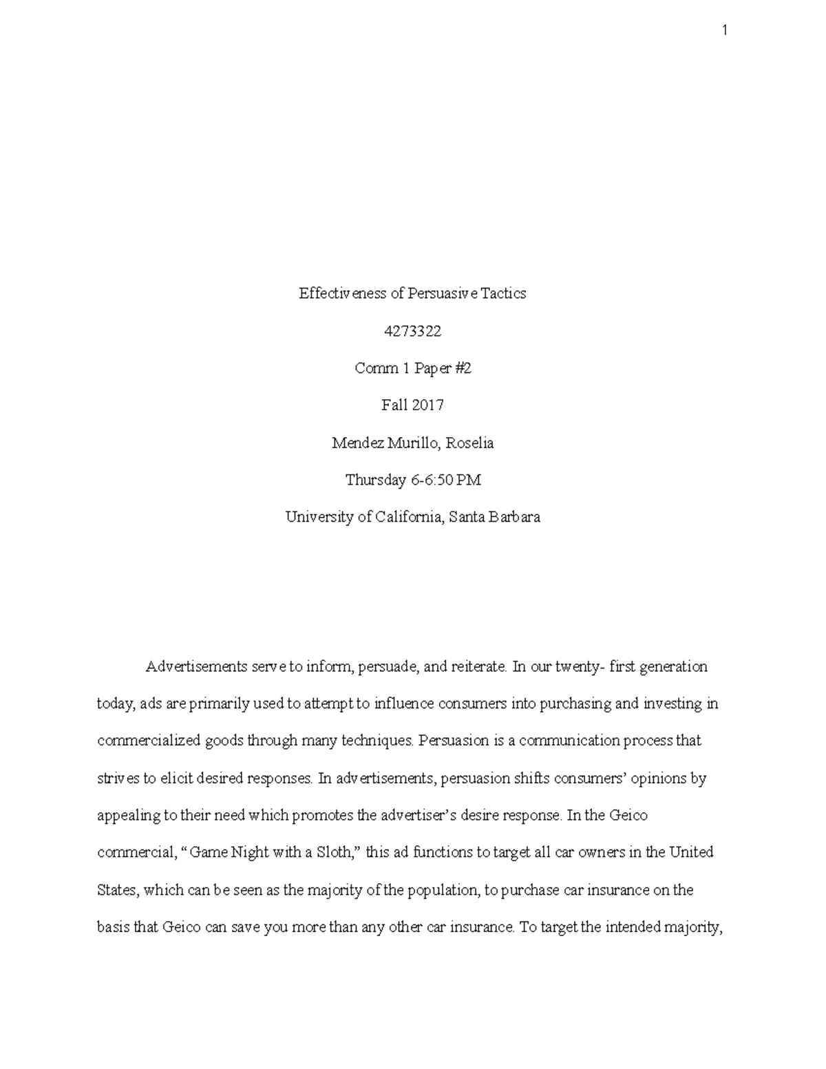 Comm Paper 2 - Effectiveness of Persuasive Tactics 4273322 Comm 1 Paper ...