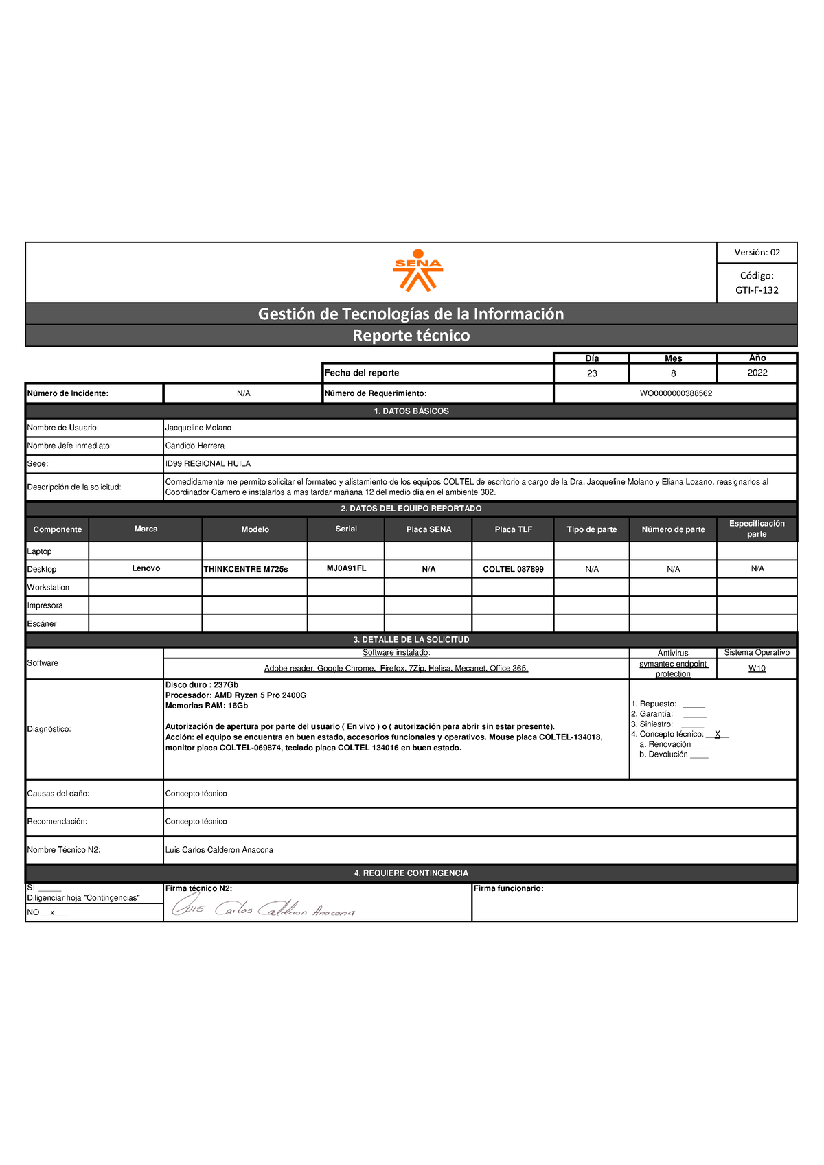 GTI-F-132 Formato Reporte Técnico V2 Coltel 087899 - Día Mes 23 8  Componente Modelo Placa SENA Placa - Studocu