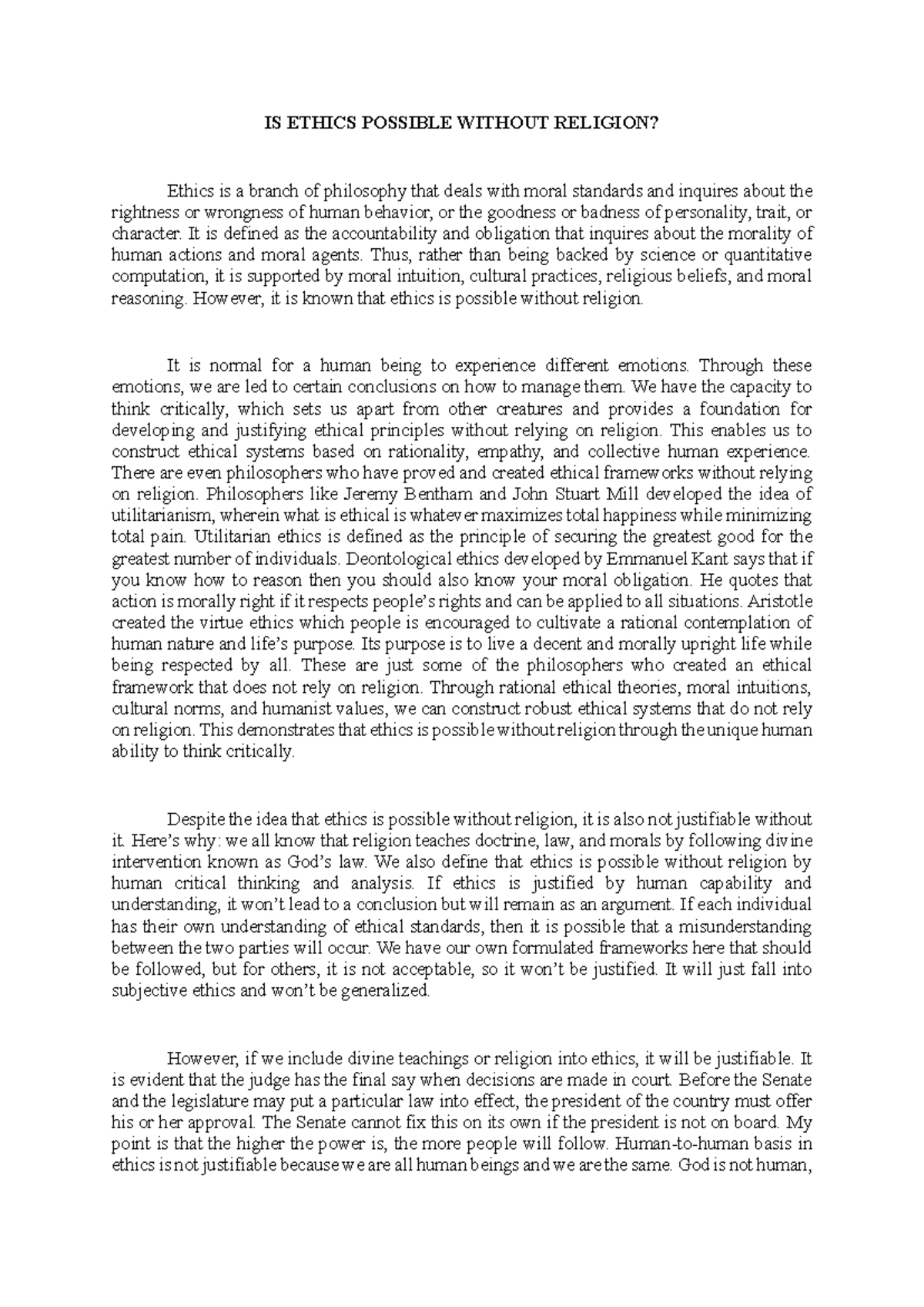 IS Ethics Possible Without Religion BY CE Student - IS ETHICS POSSIBLE ...