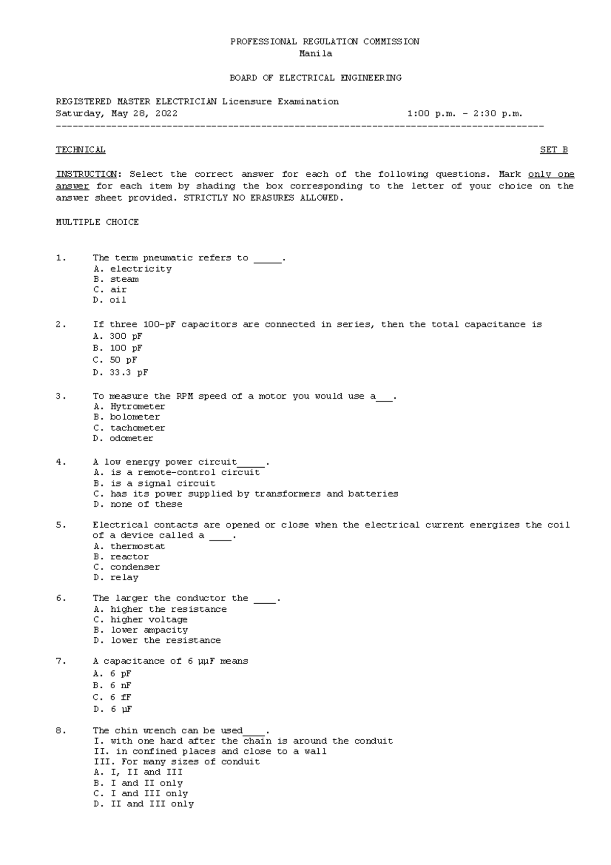 SET B RME May 28 - RME - PROFESSIONAL REGULATION COMMISSION Manila ...