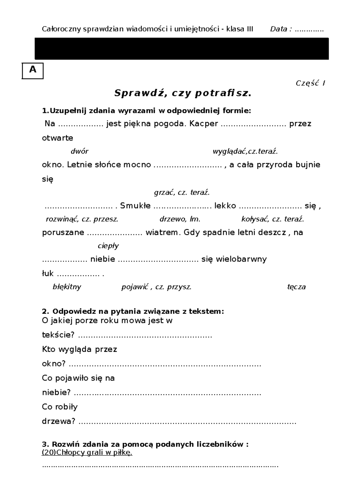Spraw - Całoroczny sprawdzian wiadomości i umiejętności - klasa III