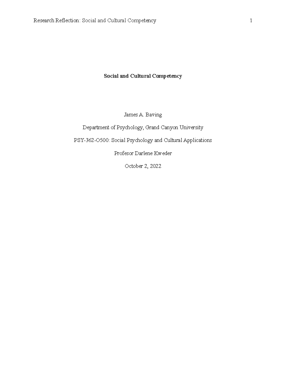 PSY-362 week 1 essay - Research Reflection: Social and Cultural ...