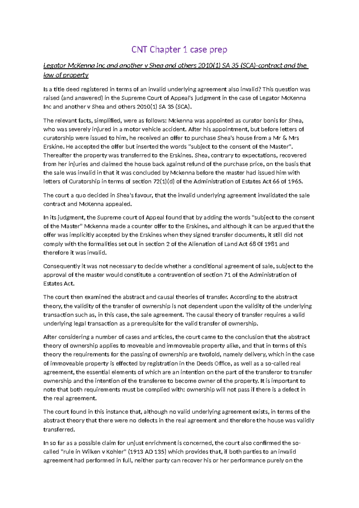 CNT Case summaries - Essay summerising the contents of chapter 1 cases ...