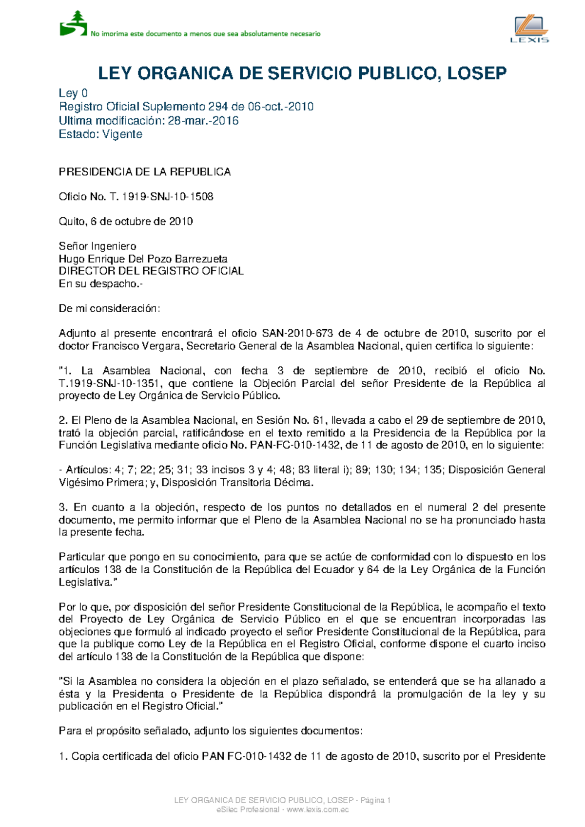 Losep - ejercicio - LEY ORGANICA DE SERVICIO PUBLICO, LOSEP Ley 0 ...