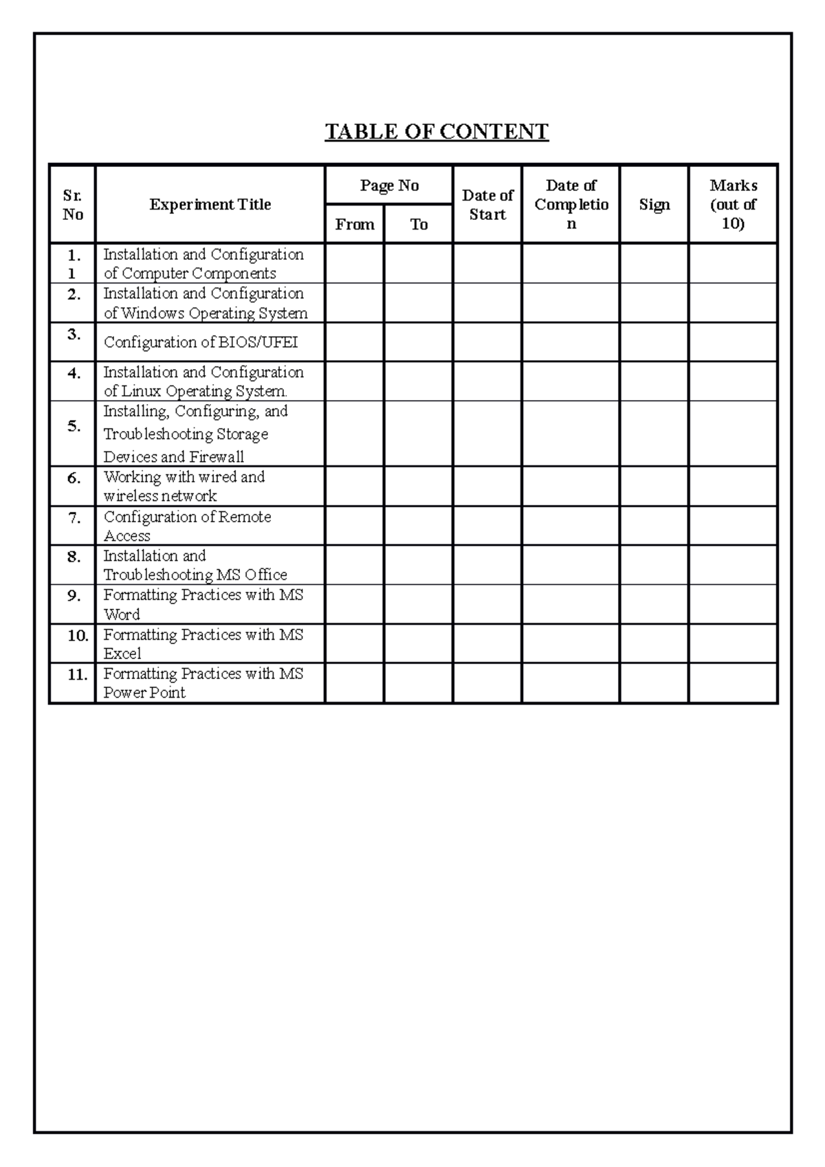 303105101CELAB Manual Reference TABLE OF CONTENT Sr. No Experiment