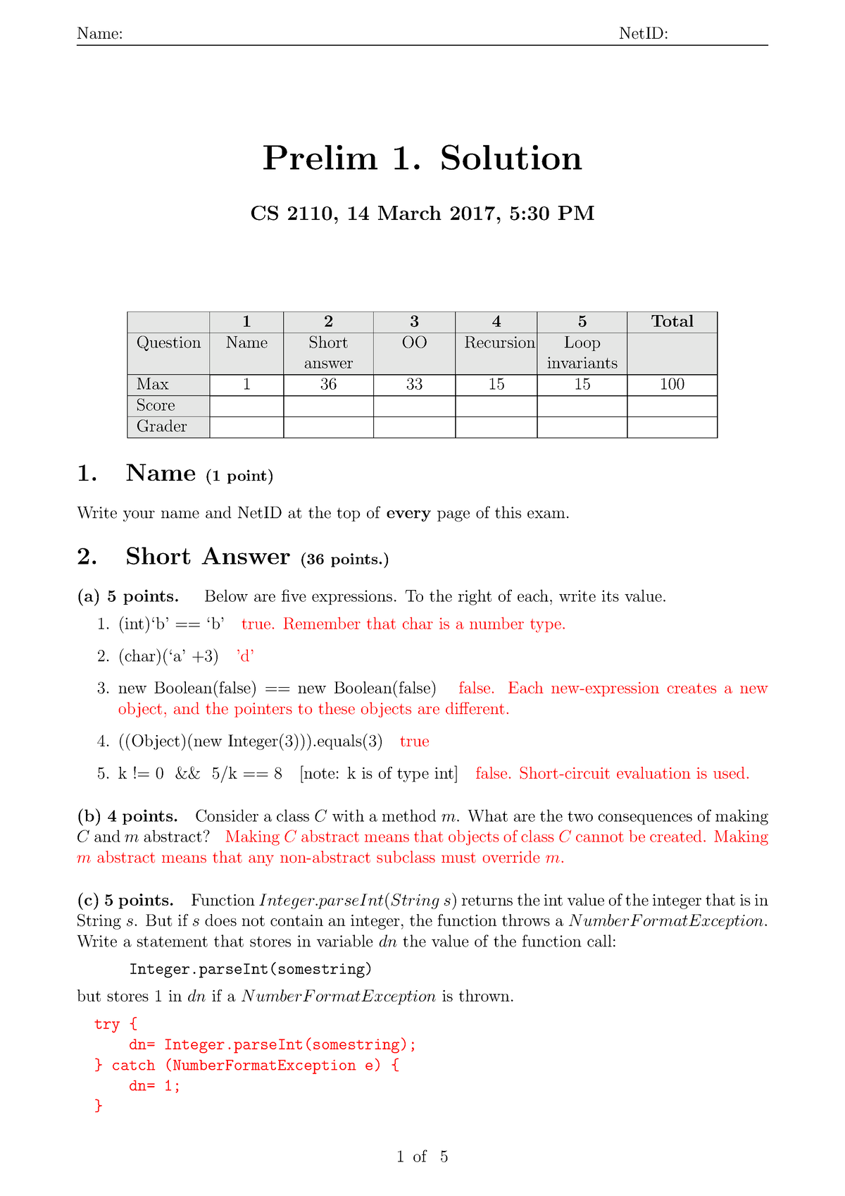 P1solcs 2110sp17a - Past Prelim 1 Solutions From CS 2110 Taught By ...