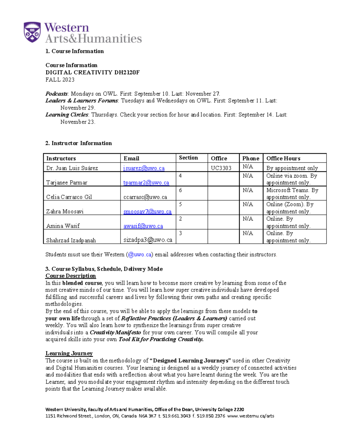 Syllabus Digital Creativity 2120F 2023 Western University, Faculty of