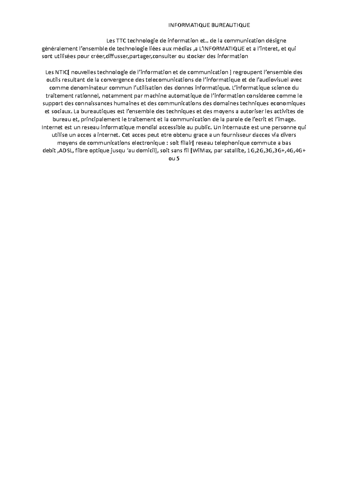 Doc1 - merci de m'aider - INFORMATIQUE BUREAUTIQUE Les TTC technologie ...
