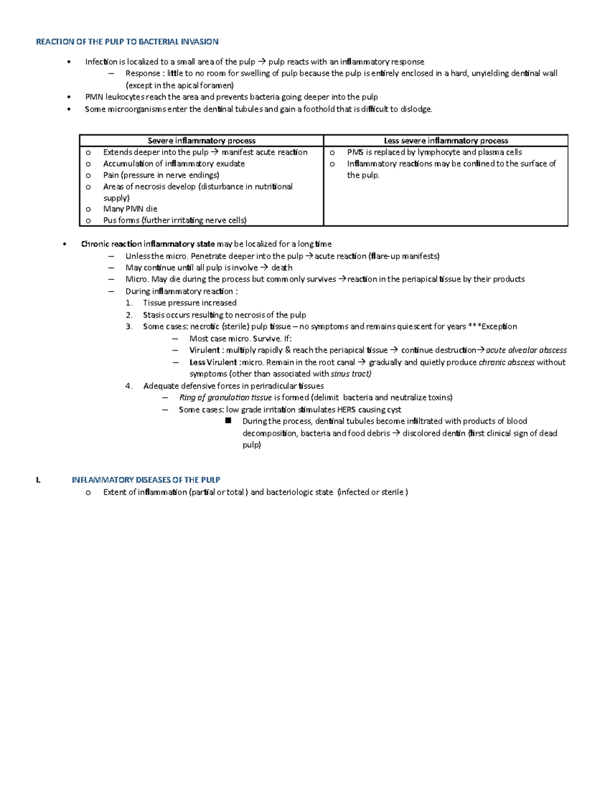 Chapter 3 Endo - Lecture Notes - Reaction Of The Pulp To Bacterial 