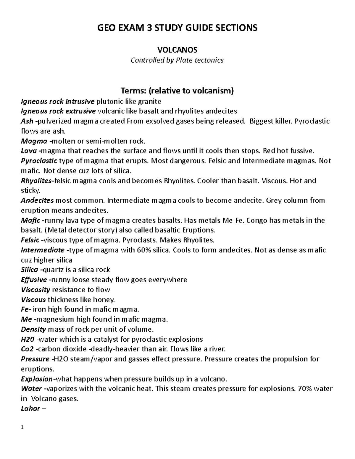 GEO EXAM 3 study guide copy GEO EXAM 3 STUDY GUIDE SECTIONS VOLCANOS